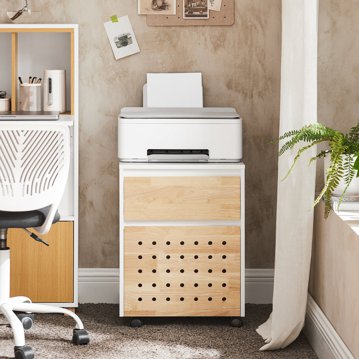 Sobuy ASK06-WN, Home Office Mobile File Cabinet Printer Stand Storage Cabinet on Wheels, White and Natural