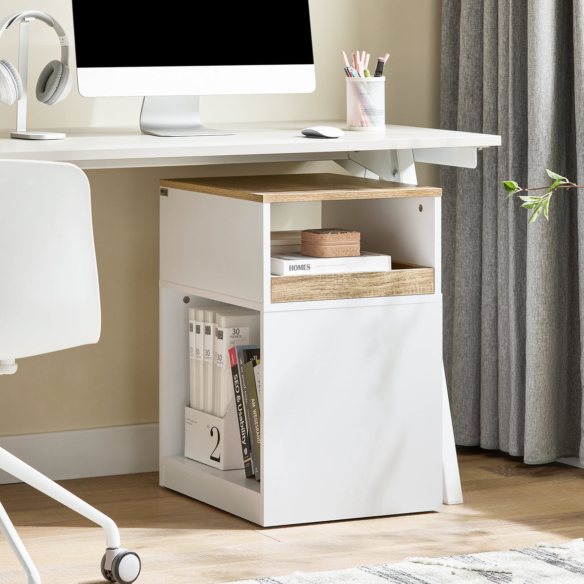 Sobuy ASK08-WN, Home Office File Cabinet Printer Stand Storage Cabinet on Wheels Side Table End Table, White and Natural