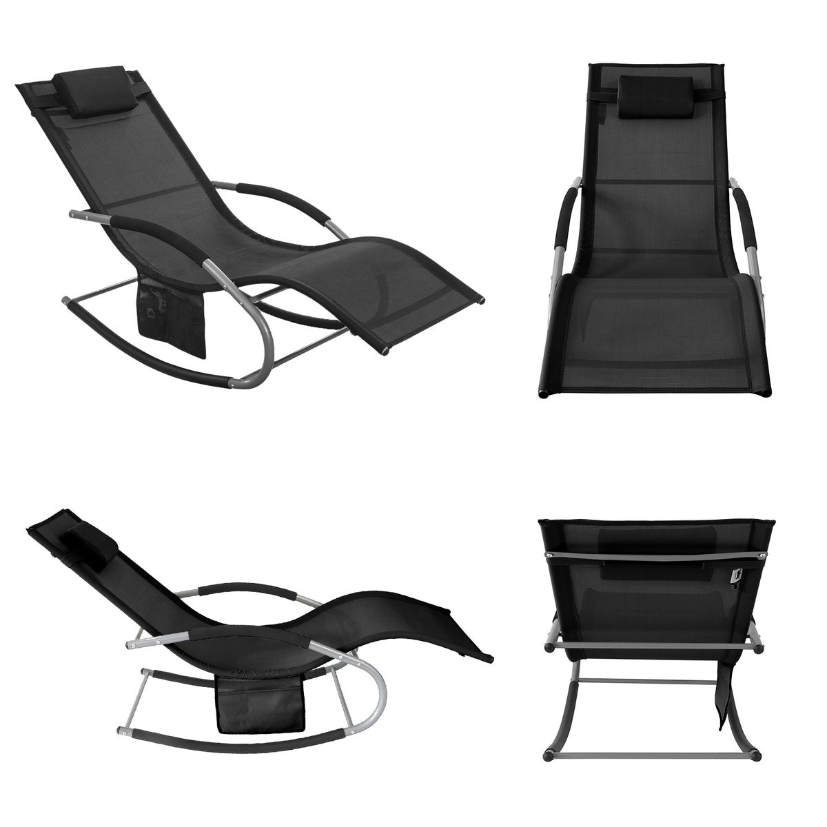 SoBuy OGS28-SCH, Outdoor Garden Rocking Sun Lounger Recliner Relaxing Chair with Headrest and Side Bag, Black