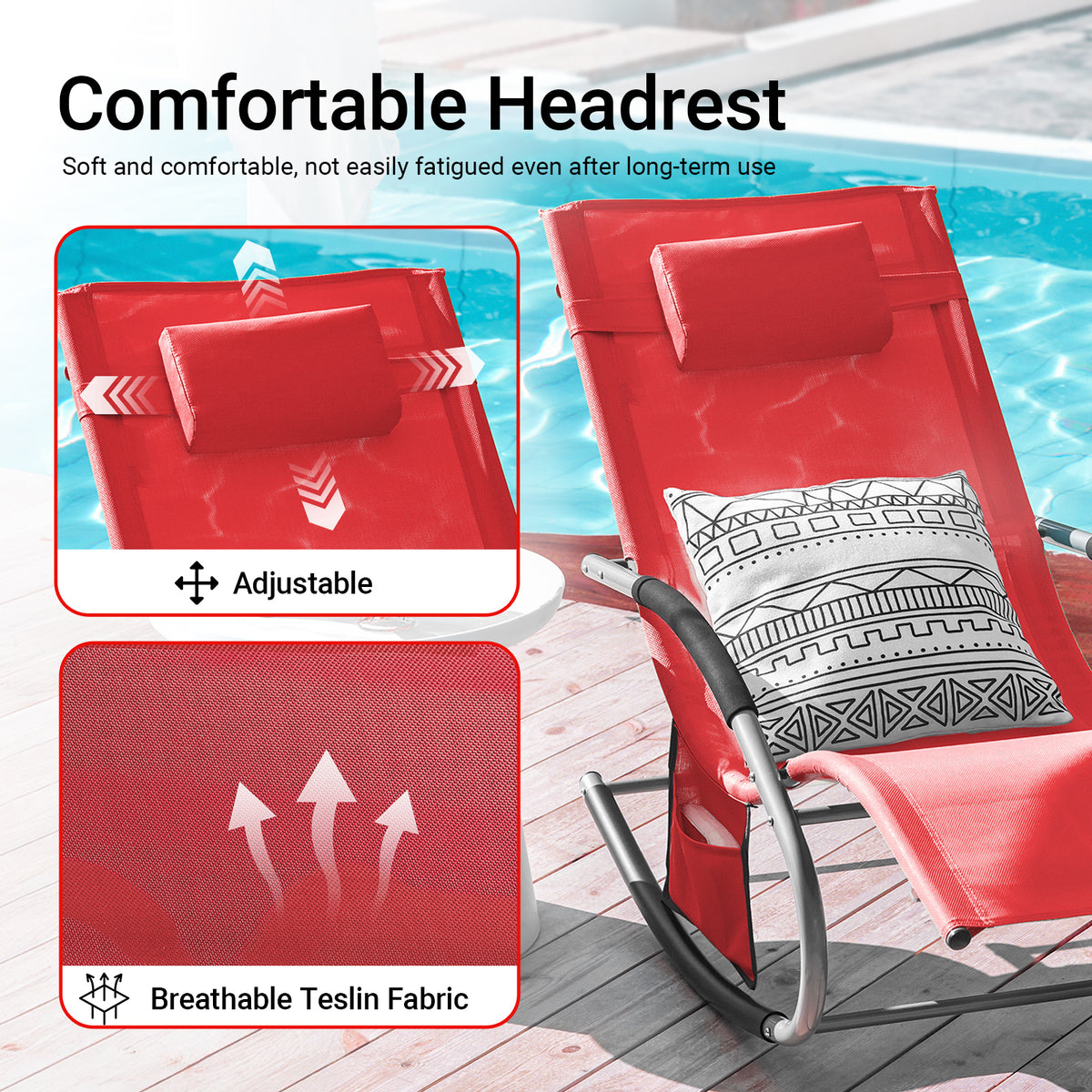 SoBuy OGS28-R, Outdoor Garden Rocking Sun Lounger Recliner Relaxing Chair with Headrest and Side Bag, Red