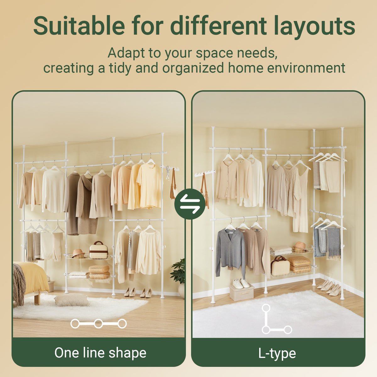 SoBuy KLS04-II-W, Telescopic Clothes Rail with Adjustable L-Shaped or One-Line Shape Heavy Duty Clothes Rack with Hanging Rails & Storage Shelves, Flexible Open Wardrobe for Walk-in Closet, White