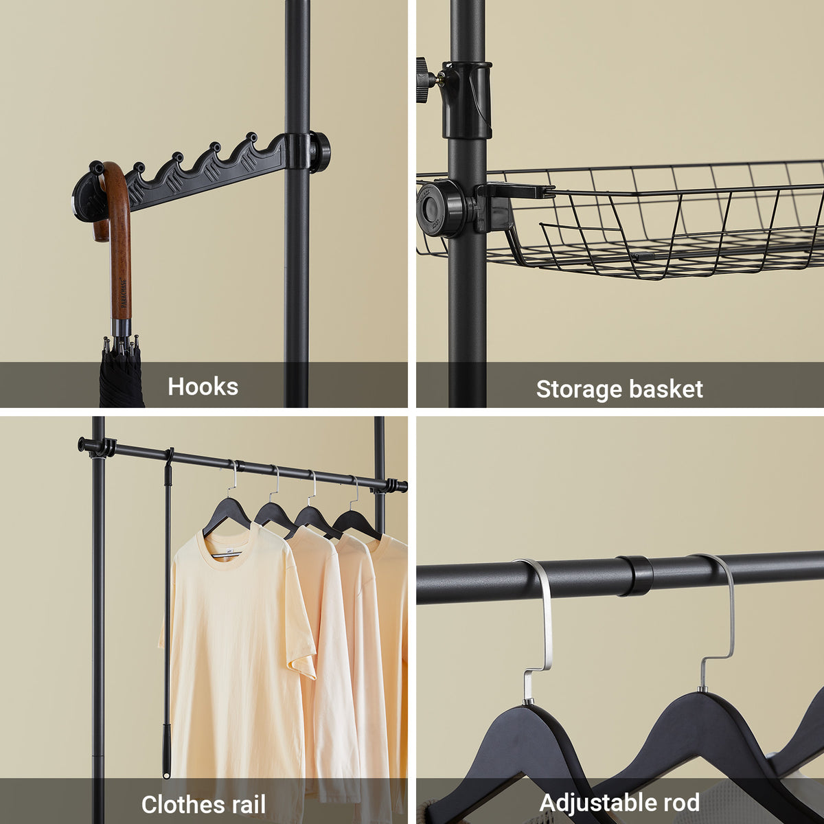 SoBuy KLS04-II-SCH, Telescopic Clothes Rail, Heavy Duty Clothes Rack, Adjustable Open Wardrobe with Hanging Rails & Shelves for Bedroom, Walk-in Closet Black
