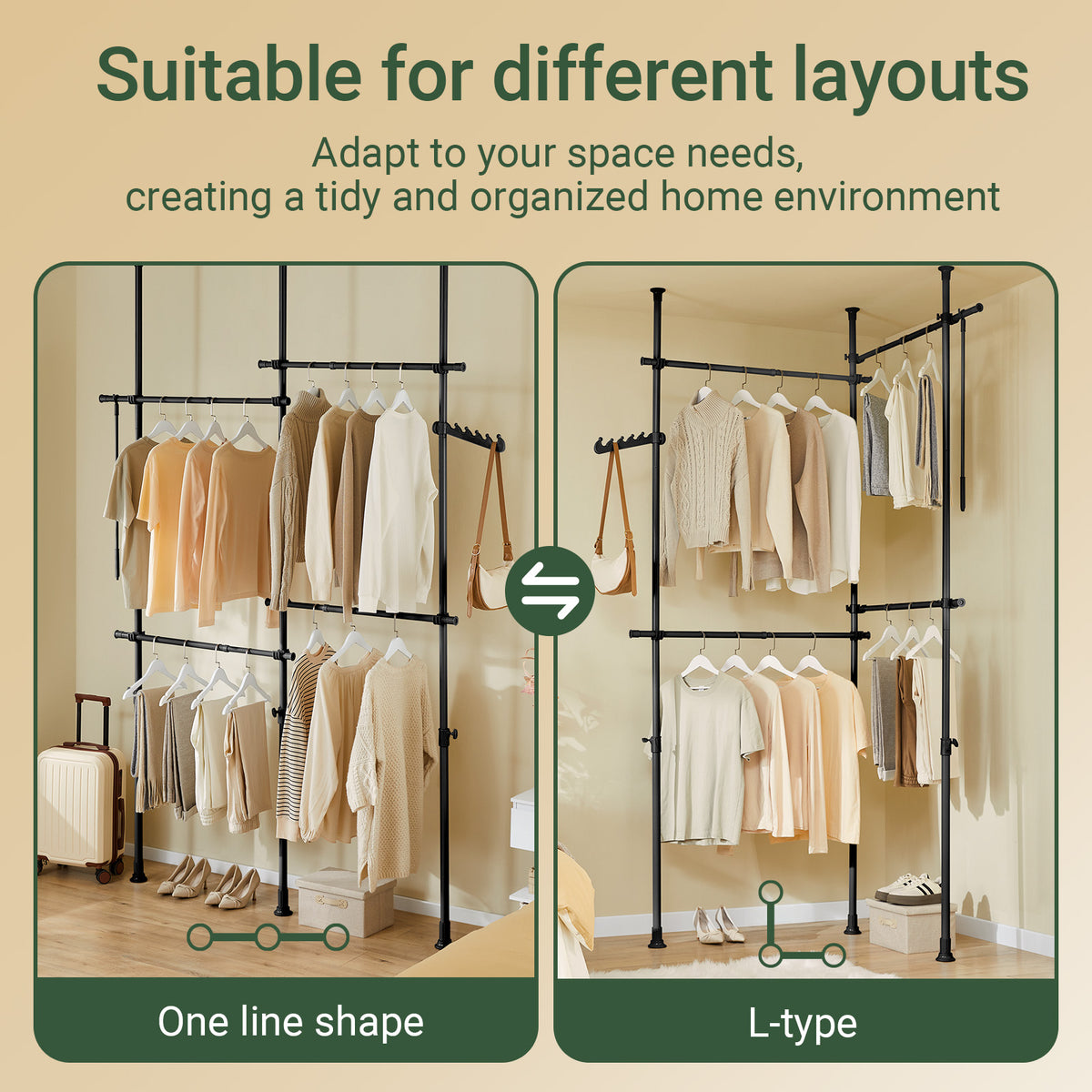SoBuy KLS03-II-SCH, Telescopic Clothes Rail, Heavy Duty Clothes Rack, Adjustable Open Wardrobe with Hanging Rails for Bedroom, Walk-in Closet Black W (124–226) x H (200–295) cm