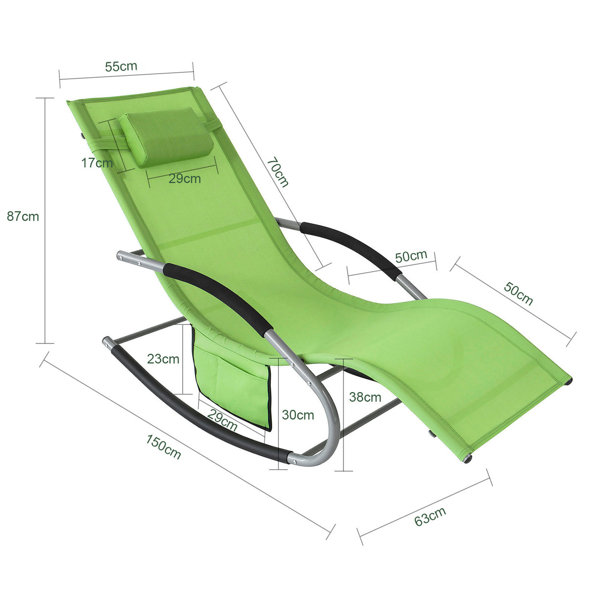 SoBuy OGS28-GRx2, Set of 2 Outdoor Garden Rocking Sun Lounger Recliner Relaxing Chair with Headrest and Side Bag, Green