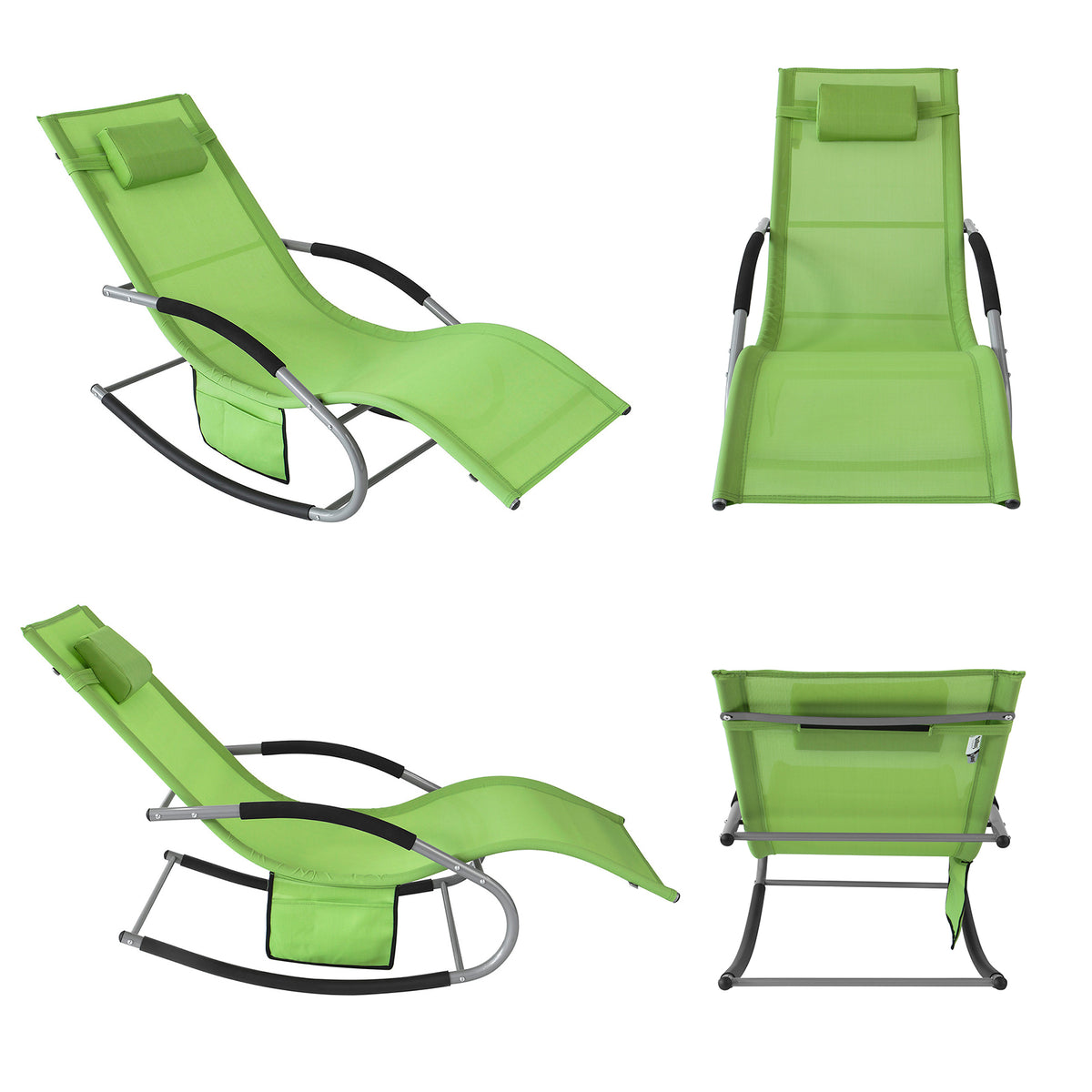 SoBuy OGS28-GRx2, Set of 2 Outdoor Garden Rocking Sun Lounger Recliner Relaxing Chair with Headrest and Side Bag, Green