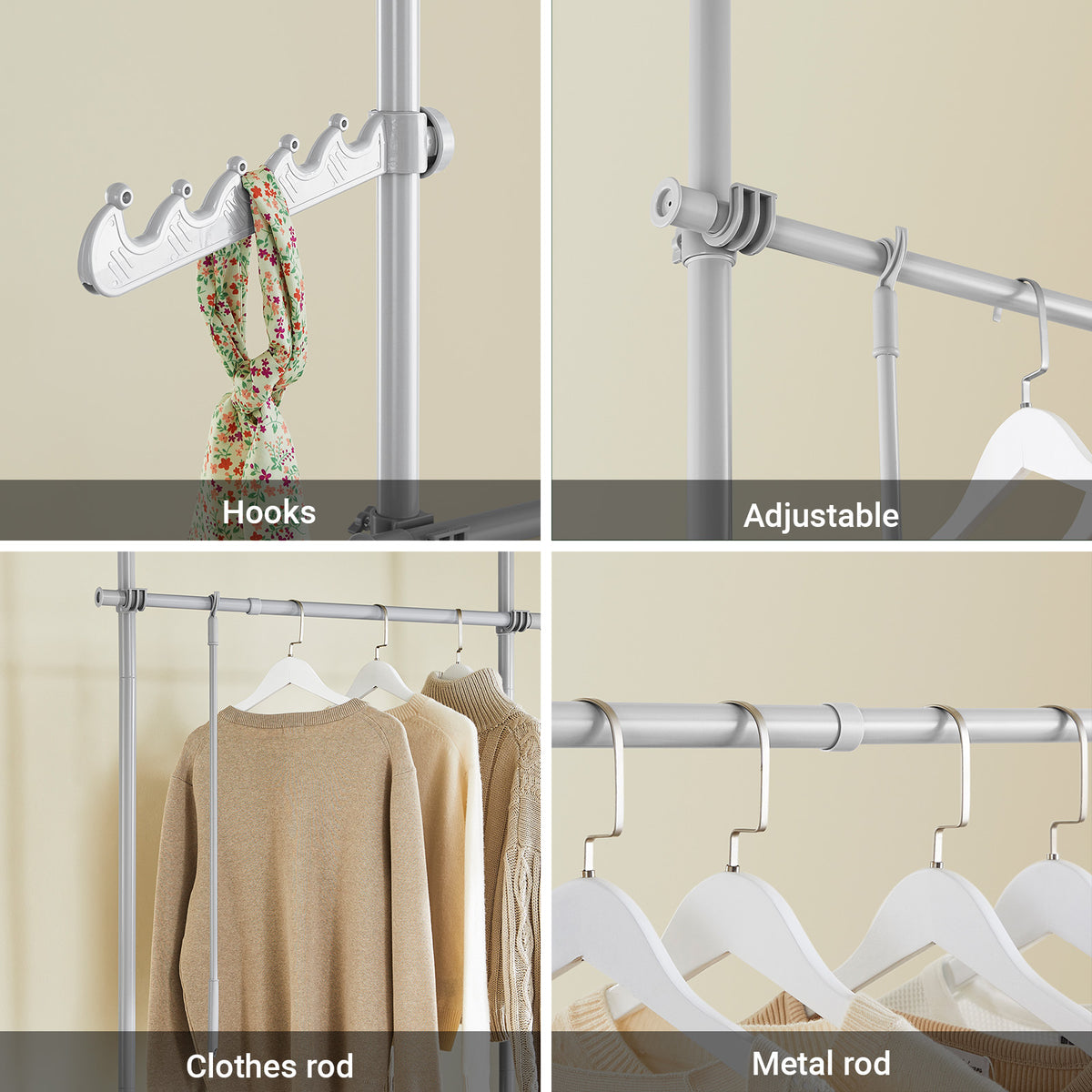 SoBuy FRG109-II-HG, Telescopic Clothes Rail, Heavy Duty Clothes Rack, Adjustable Open Wardrobe with Hanging Rails for Bedroom, Walk-in Closet Grey