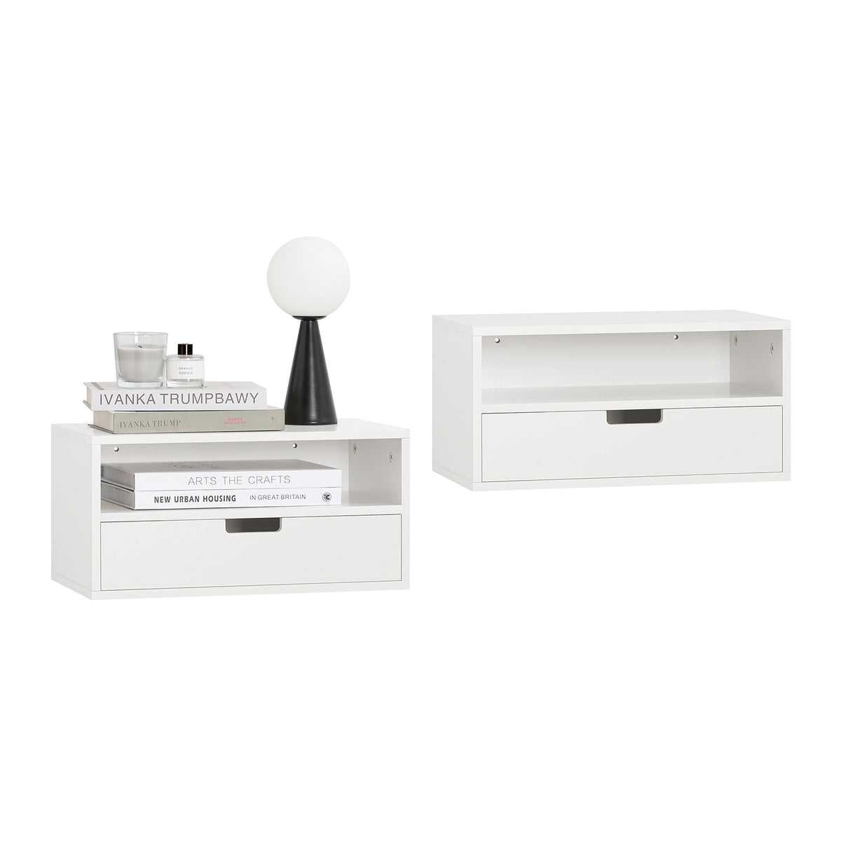 SoBuy NKD03-Wx2, Set of 2 Floating Bedside Table – Space-Saving Wall Shelf with Drawer & Open Shelf, Wall-Mounted Nightstand for Bedroom, W45 x D25 x H22cm, White
