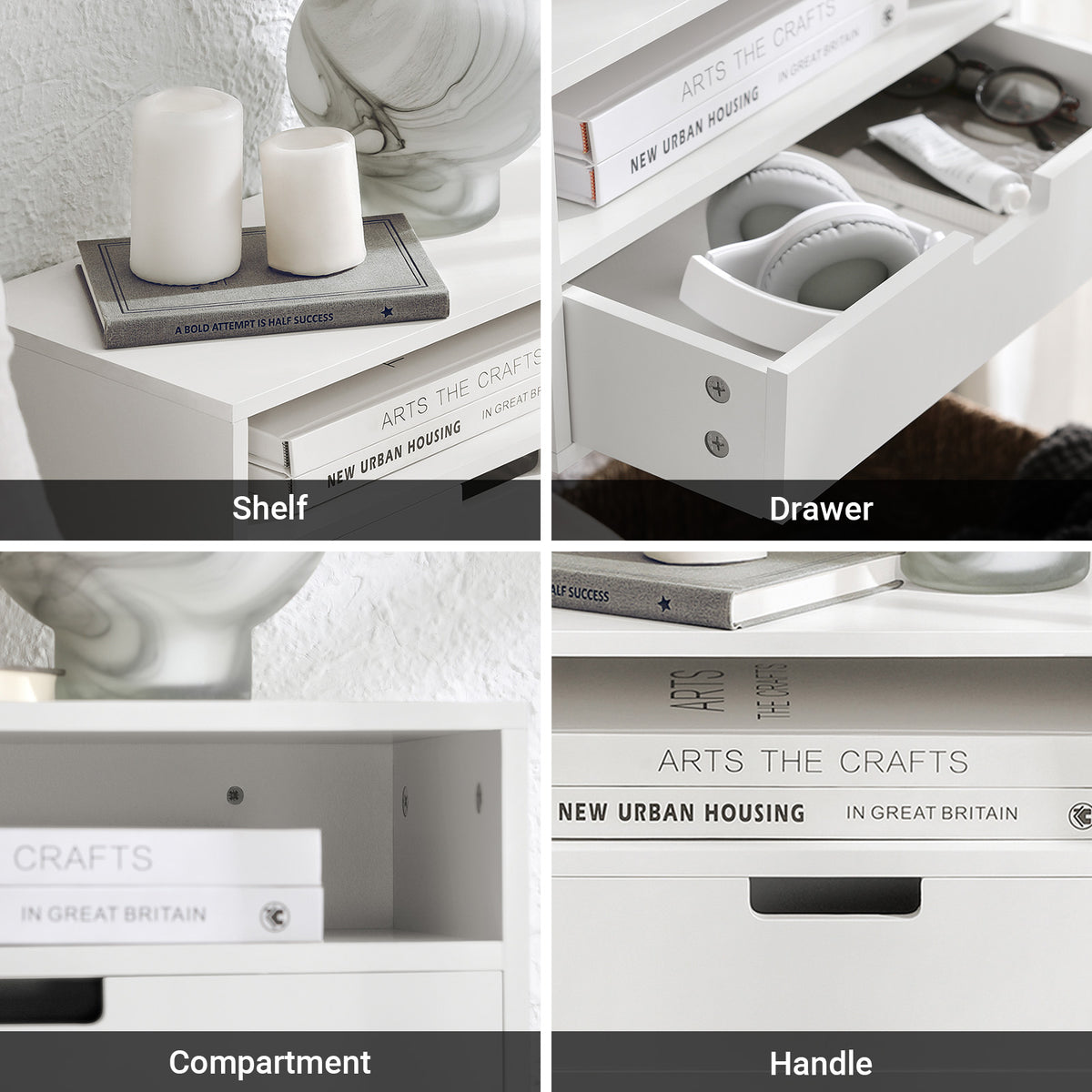 SoBuy NKD03-Wx2, Set of 2 Floating Bedside Table – Space-Saving Wall Shelf with Drawer & Open Shelf, Wall-Mounted Nightstand for Bedroom, W45 x D25 x H22cm, White
