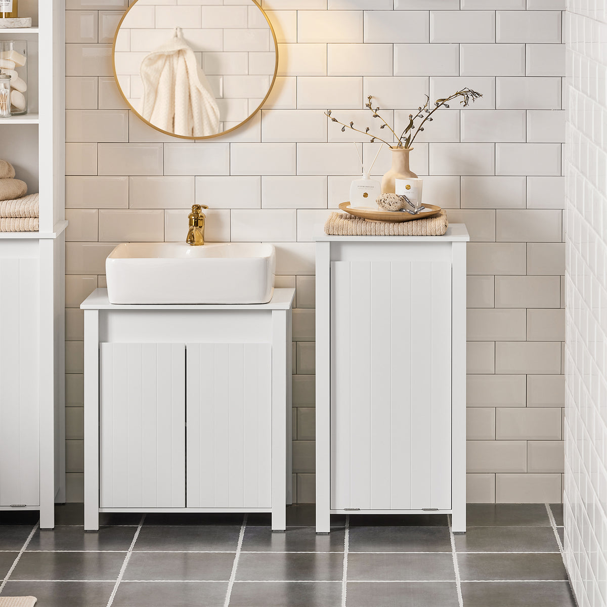 SoBuy BZR100-W laundry cabinet styled in modern white bathroom with open shelf