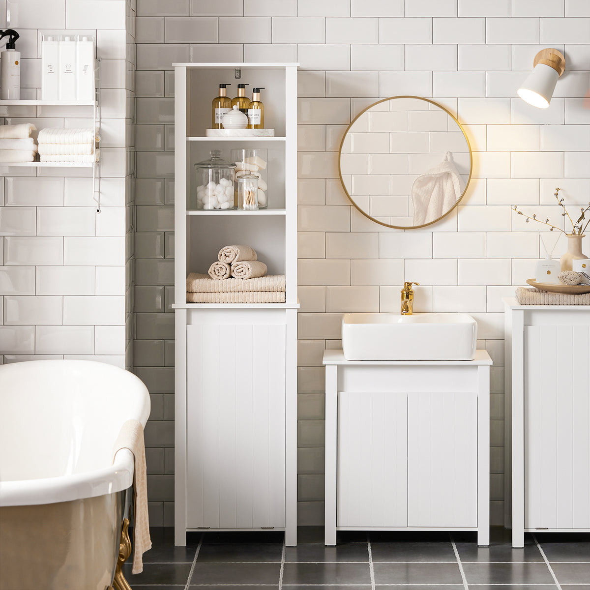 SoBuy BZR102-W, Bathroom Tall Cabinet with Laundry Basket – Narrow Bathroom Storage Cabinet with Folding Laundry Bag, Space-Saving Storage Cupboard in Wood, White, 45 x 171 x 35 cm