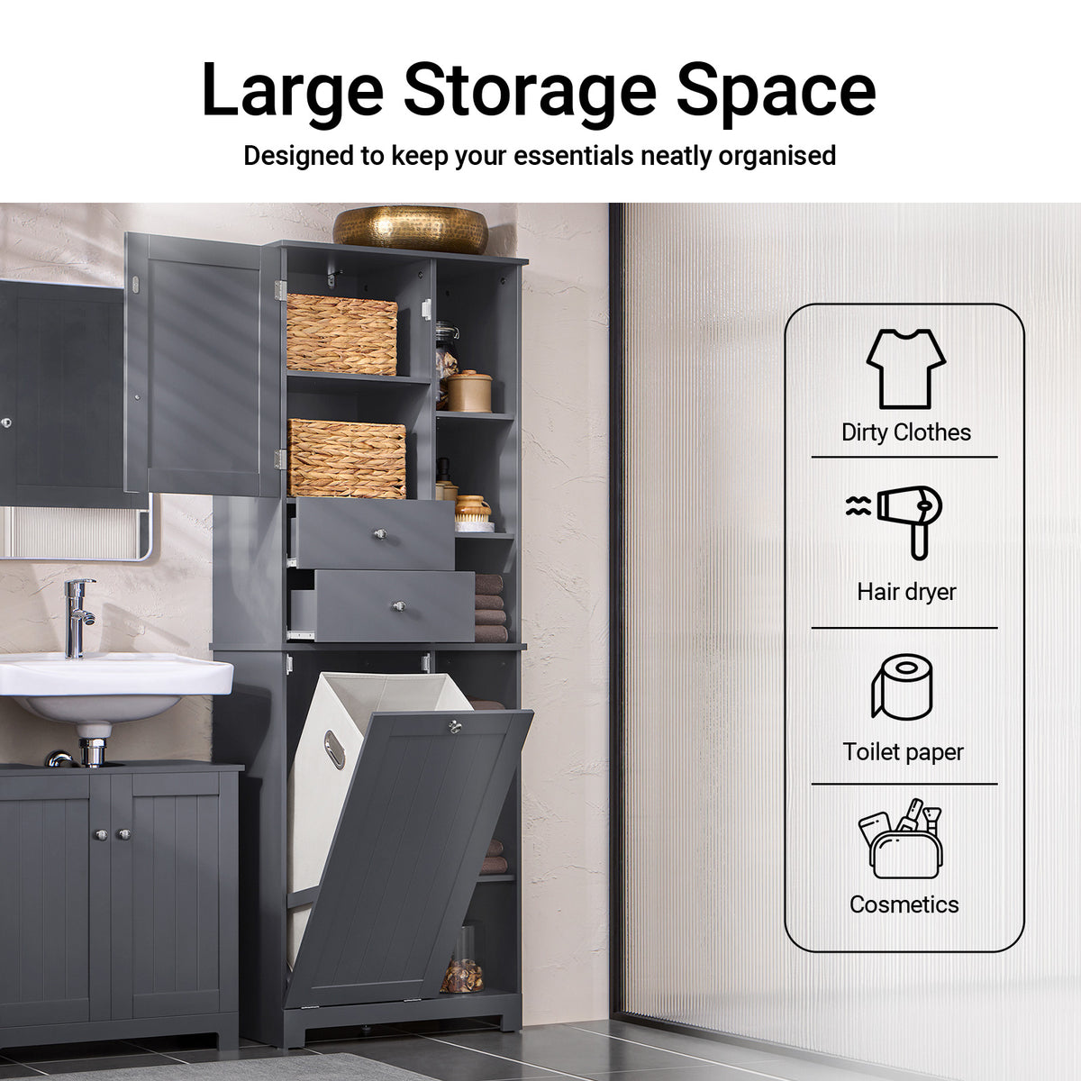 SoBuy BZR104-DG bathroom cabinet overview – 6 shelves 2 drawers removable laundry hamper