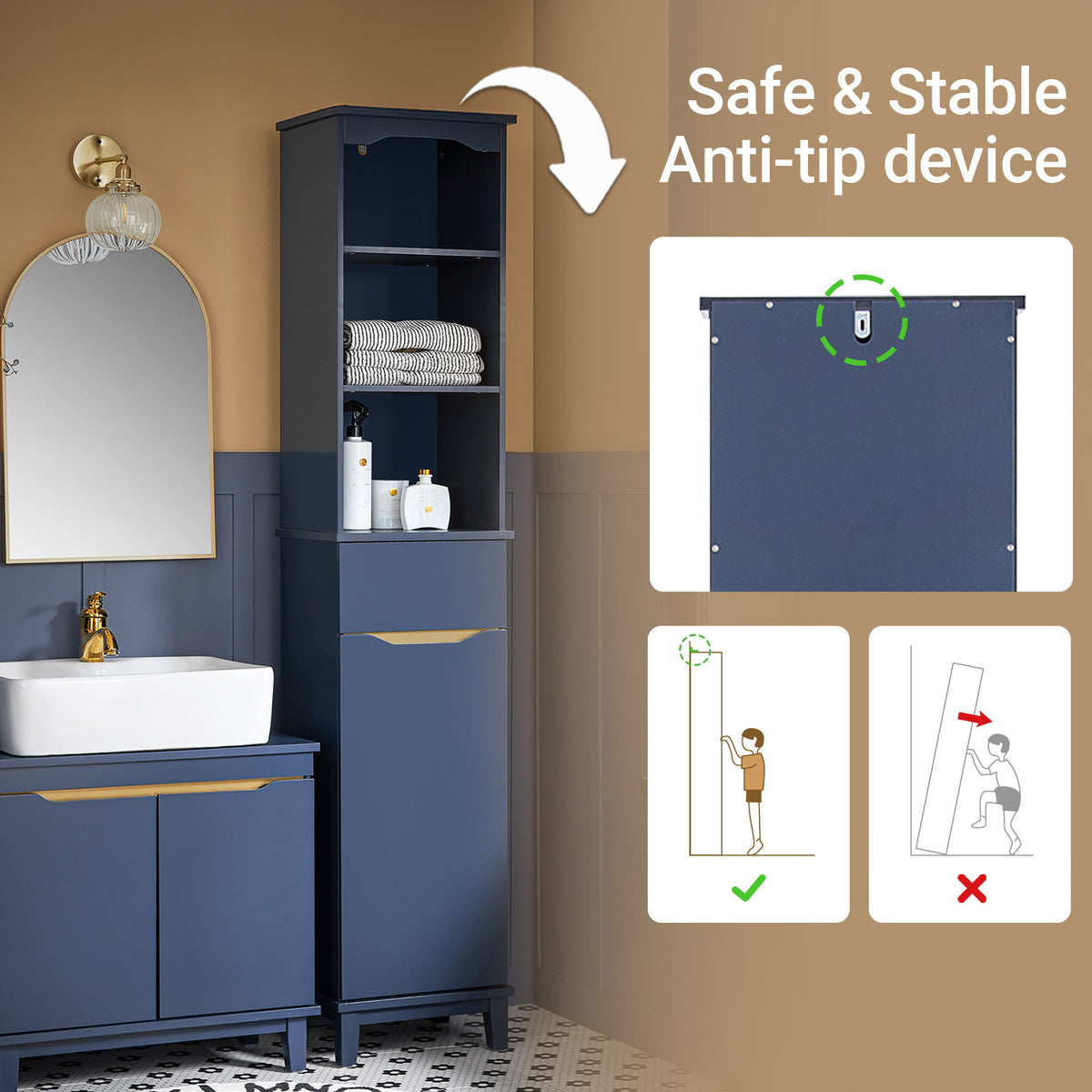 SoBuy BZR112-B, Bathroom Storage Cabinet Tall Slim Freestanding Unit with 3 Open Shelves and Drawer Narrow Bathroom Storage for Small Spaces Blue 35 x 30 x 170 cm