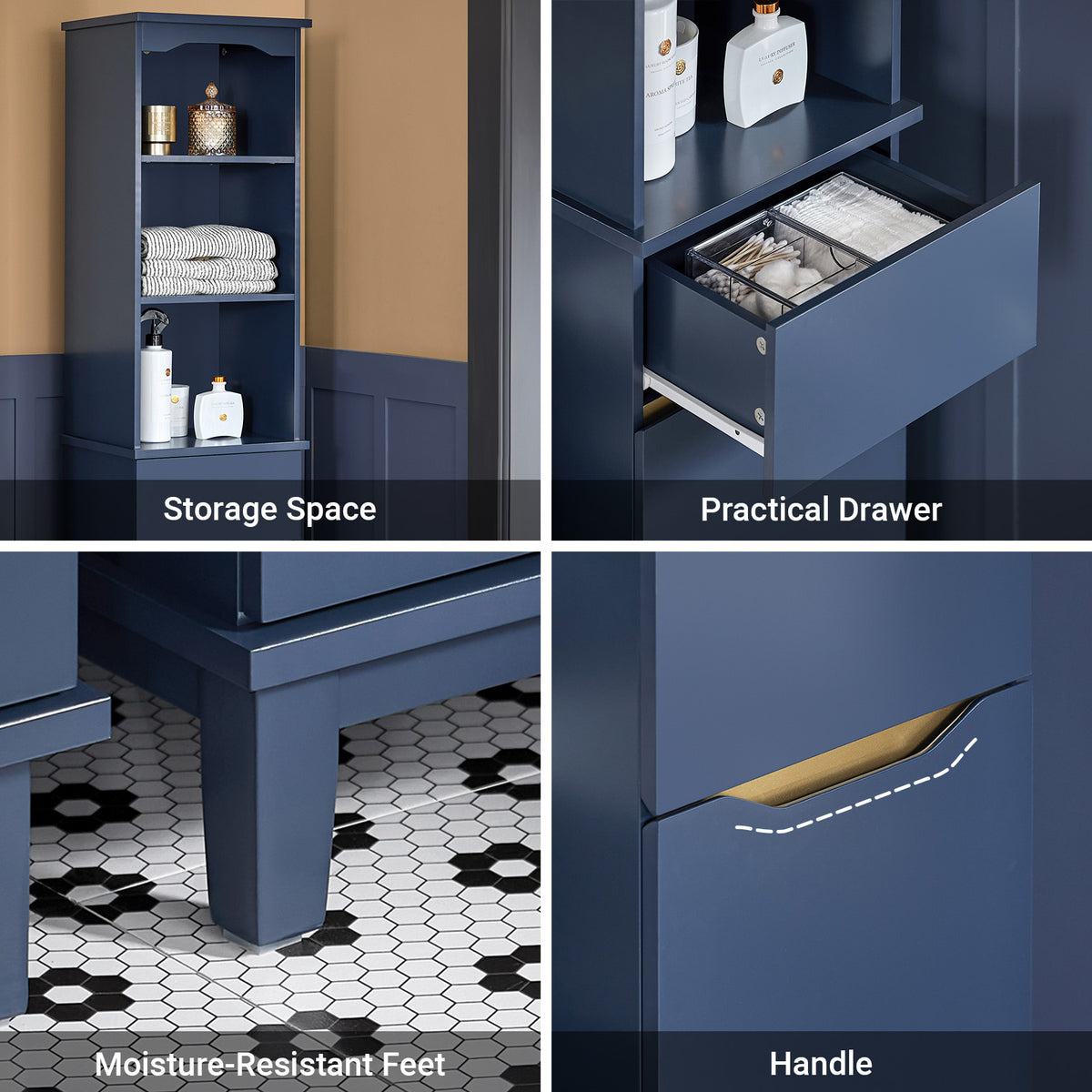 SoBuy BZR112-B, Bathroom Storage Cabinet Tall Slim Freestanding Unit with 3 Open Shelves and Drawer Narrow Bathroom Storage for Small Spaces Blue 35 x 30 x 170 cm