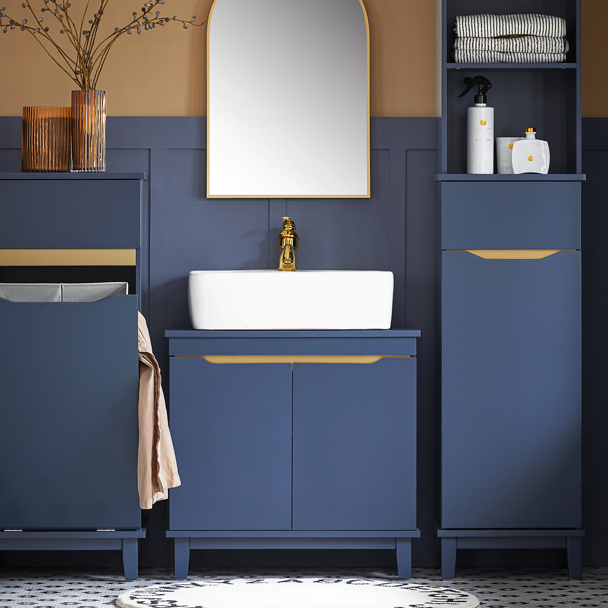 SoBuy BZR113-B, Under Sink Bathroom Cabinet – Bathroom Cupboard with Doors, Slim Storage Unit for Small Spaces in Wood, Blue, 60 x 59 x 30 cm