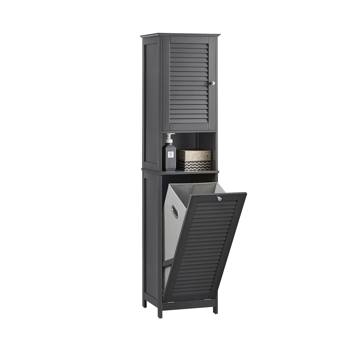 SoBuy BZR124-DG tall grey bathroom storage cabinet with laundry basket white background