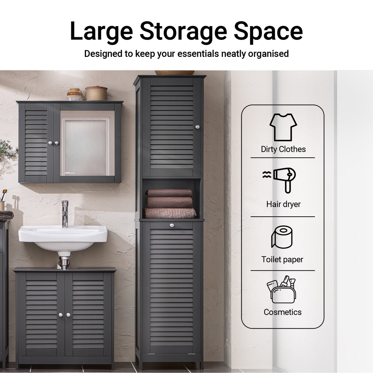SoBuy BZR124-DG tall bathroom storage cabinet features overview A+ functional image