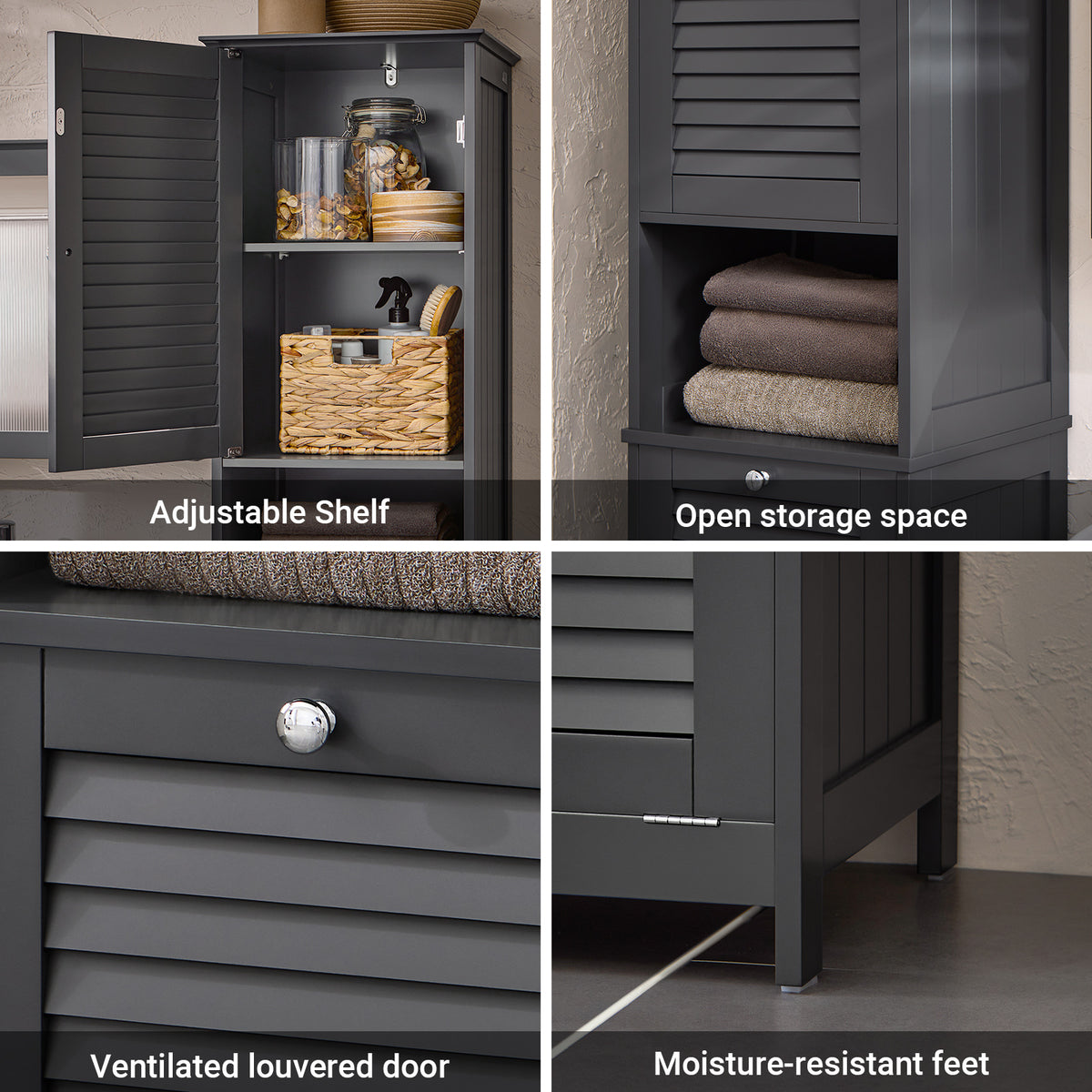 SoBuy BZR124-DG grey bathroom cupboard with laundry basket A+ functional detail