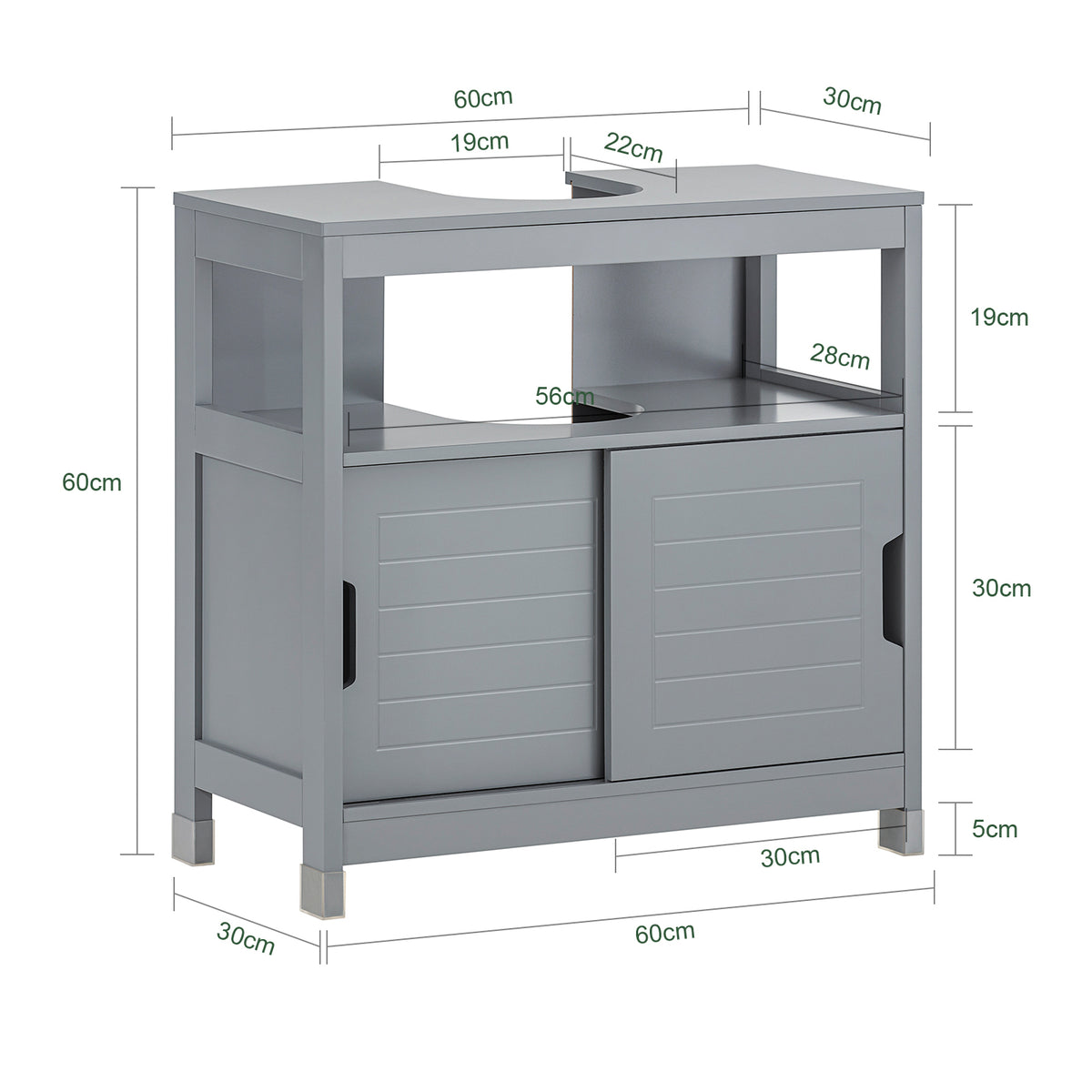SoBuy FRG128-II-SG, Under Sink Bathroom Cabinet with Sliding Doors, Slim Bathroom Storage Unit for Small Spaces, Toilet Sink Cupboard Organizer, Floor Cabinet for Bathroom Basin, Grey, 60x30x61cm