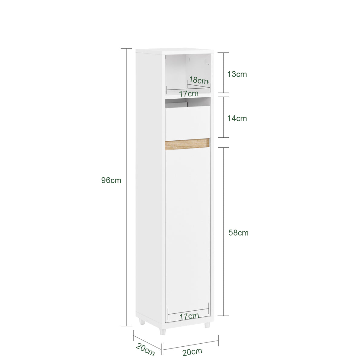 SoBuy BZR151-W, Bathroom Cabinet for Narrow Spaces - Slim Bathroom Storage Unit with Adjustable Shelves and Drawers, Free-Standing Storage Cupboard for Living Room, Entrance, White, 20 x 20 x 96 cm