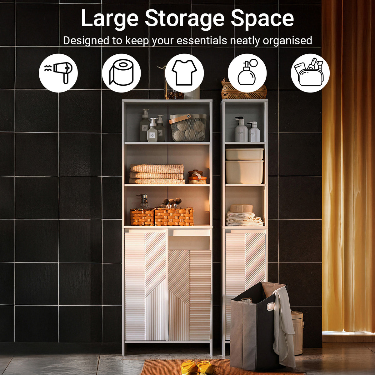 SoBuy BZR155-W, Tall Bathroom Storage Cabinet with Laundry Basket – Slim Free Standing Bathroom Unit with Doors & Open Shelves, White 60x30x171cm