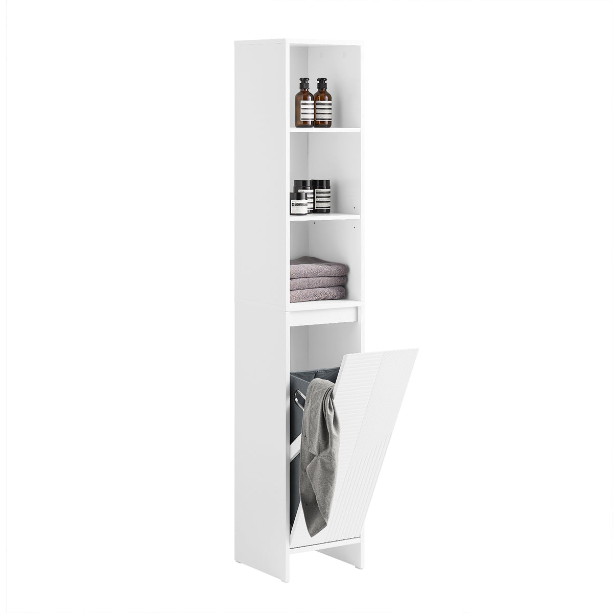 SoBuy BZR158-W, Bathroom Tall Cabinet Cupboard Bathroom Storage Cabinet with Laundry Basket, White