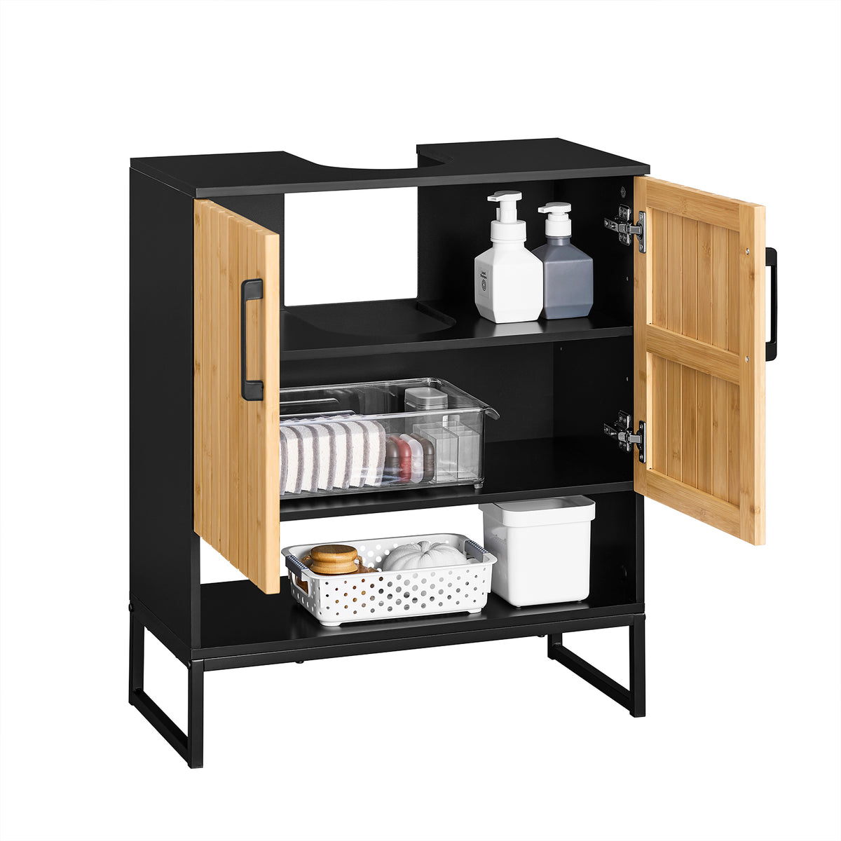 SoBuy BZR202-SCH, Under Sink Bathroom Cabinet Slim Bathroom Storage Unit with Bamboo Doors, Waterproof Legs & Adjustable Shelf Modern Cupboard for Small Bathroom or Guest Toilet