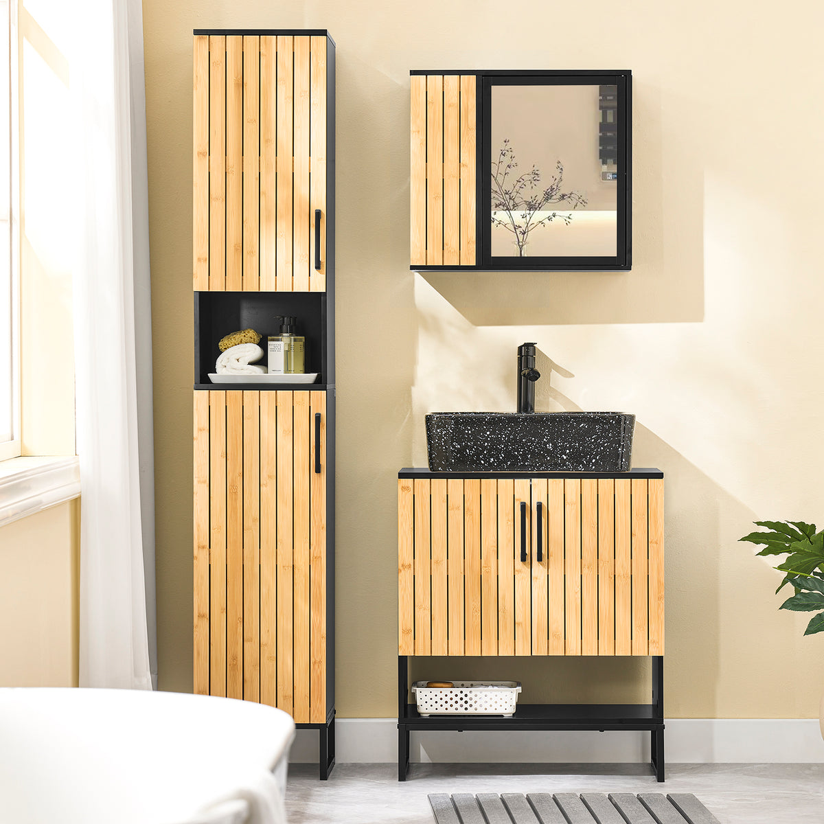 SoBuy BZR202-SCH, Under Sink Bathroom Cabinet Slim Bathroom Storage Unit with Bamboo Doors, Waterproof Legs & Adjustable Shelf Modern Cupboard for Small Bathroom or Guest Toilet