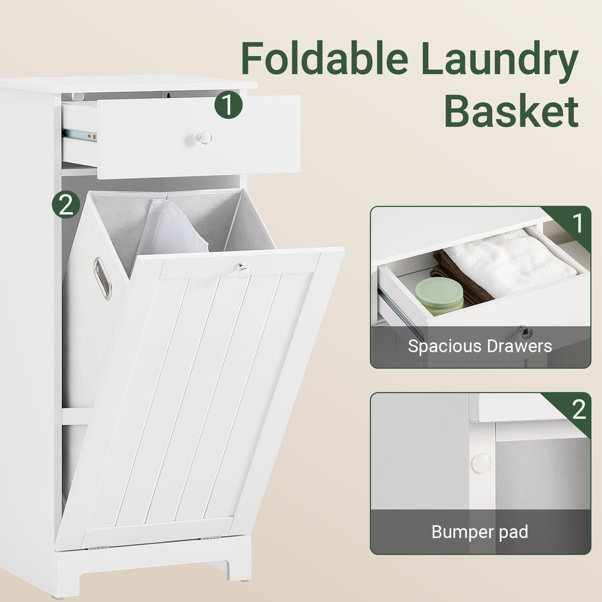SoBuy BZR21-II-W, Laundry Cabinet Laundry Chest Bathroom Storage Cabinet with Laundry Basket White W40 x D38 x H90cm