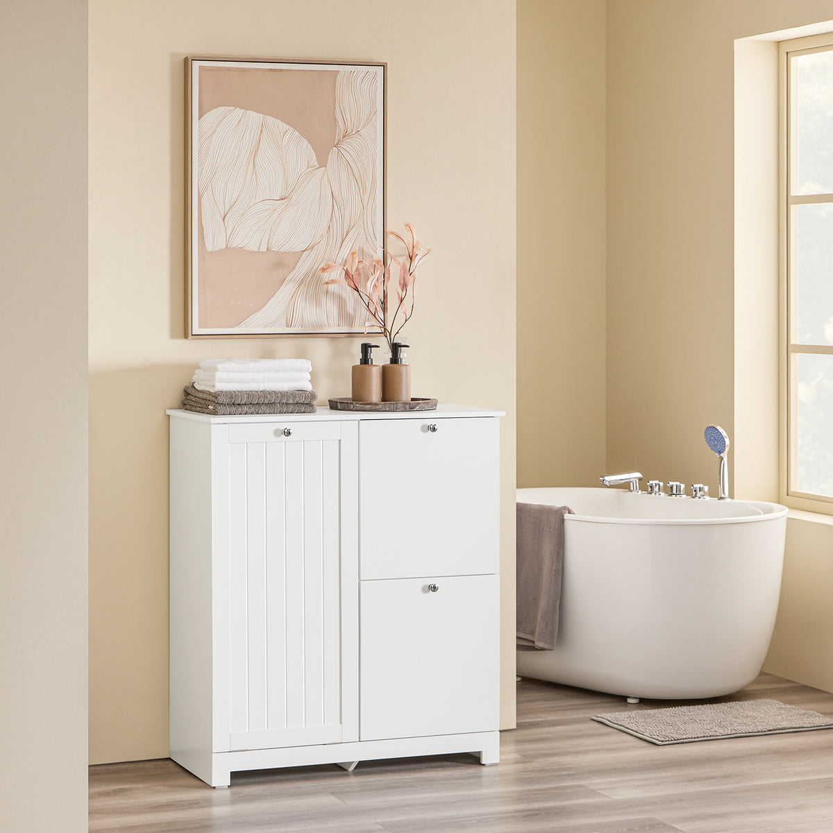 SoBuy BZR213-W, Slim Bathroom Storage Cabinet with 3 Laundry Baskets – Tall Narrow Freestanding Unit 78x38x90cm – 1 Large Integrated Hamper & 2 Removable Fabric Bins – White Bathroom Furniture