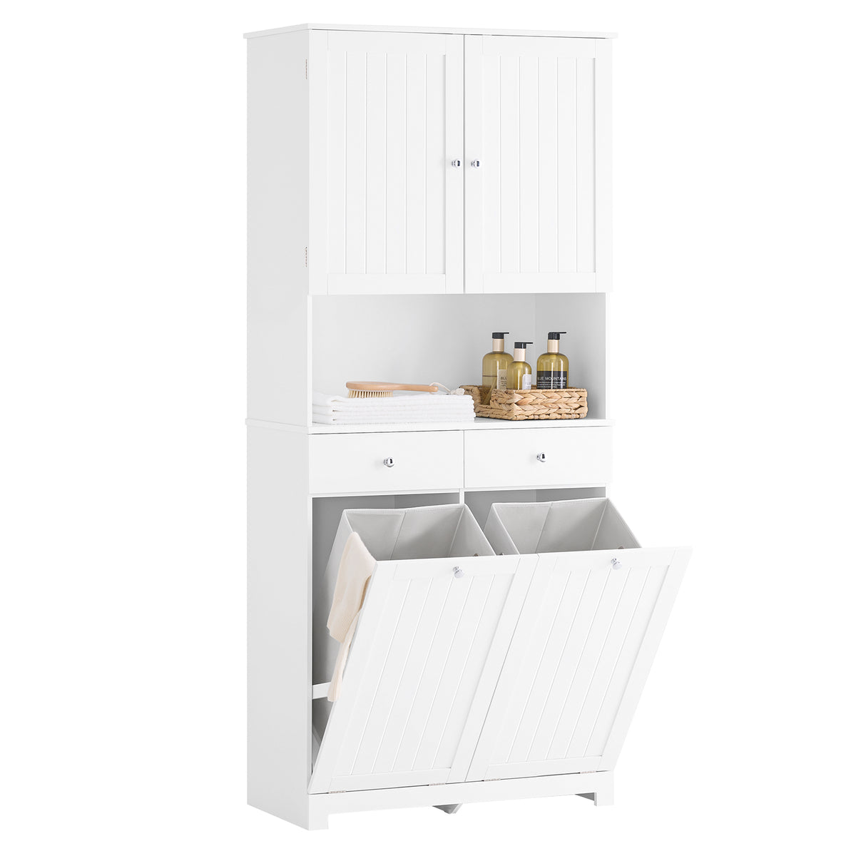 SoBuy BZR215-W, Tall Slim Bathroom Storage Cabinet with 2 Laundry Hampers & 2 Drawers, 78x38x181cm, Narrow Freestanding Bathroom Unit with Open Shelf & Cupboard – Bathroom Furniture for Small Spaces