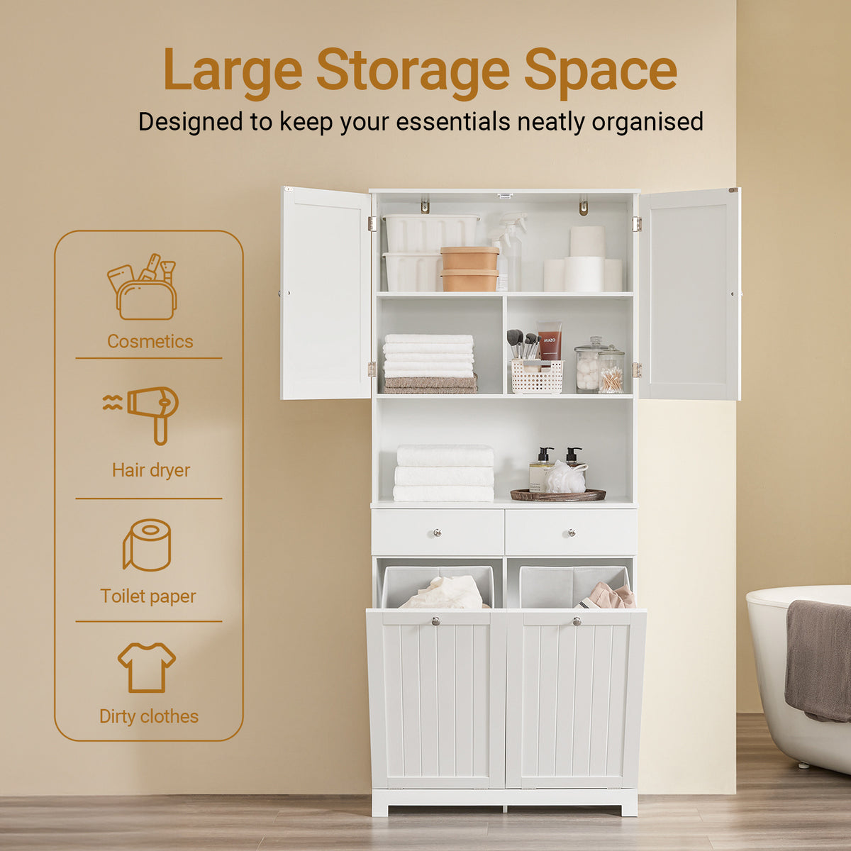 SoBuy BZR215-W, Tall Slim Bathroom Storage Cabinet with 2 Laundry Hampers & 2 Drawers, 78x38x181cm, Narrow Freestanding Bathroom Unit with Open Shelf & Cupboard – Bathroom Furniture for Small Spaces