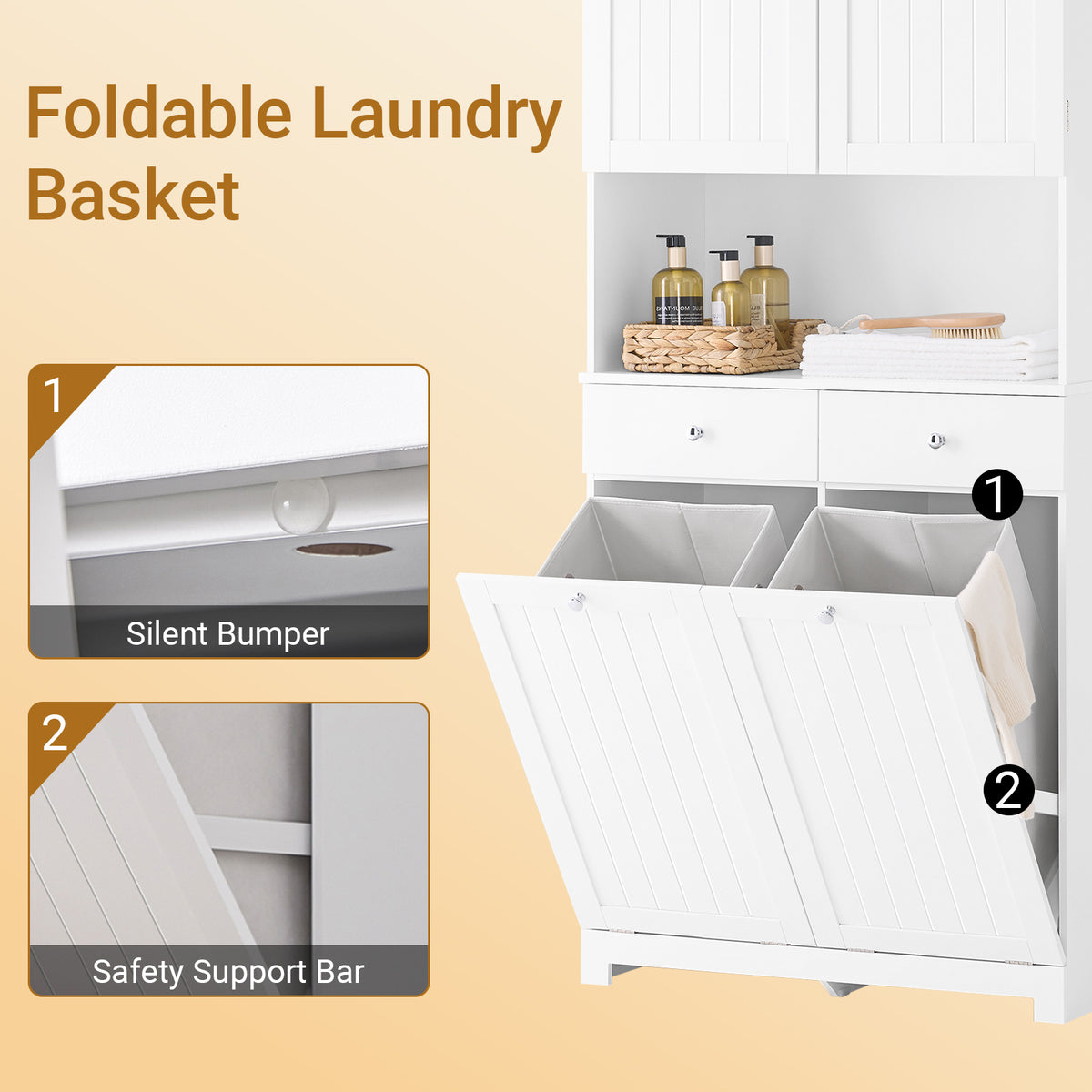 SoBuy BZR215-W, Tall Slim Bathroom Storage Cabinet with 2 Laundry Hampers & 2 Drawers, 78x38x181cm, Narrow Freestanding Bathroom Unit with Open Shelf & Cupboard – Bathroom Furniture for Small Spaces