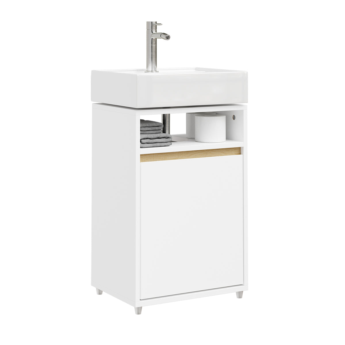 SoBuy BZR222-W, Under Sink Bathroom Cabinet 40cm Wide with Open Shelf & Raised Feet | Bathroom Storage Unit with Siphon Cut-Out, Door & Hidden Handle, Basin Cupboard for Small Spaces, White, 40x30x60cm