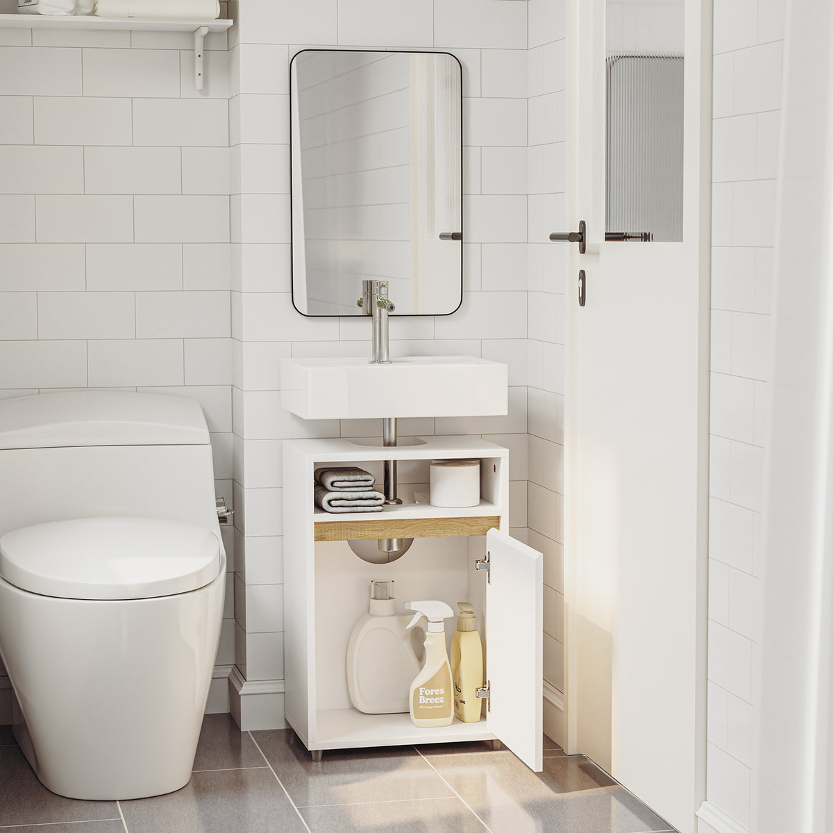 SoBuy BZR222-W, Under Sink Bathroom Cabinet 40cm Wide with Open Shelf & Raised Feet | Bathroom Storage Unit with Siphon Cut-Out, Door & Hidden Handle, Basin Cupboard for Small Spaces, White, 40x30x60cm