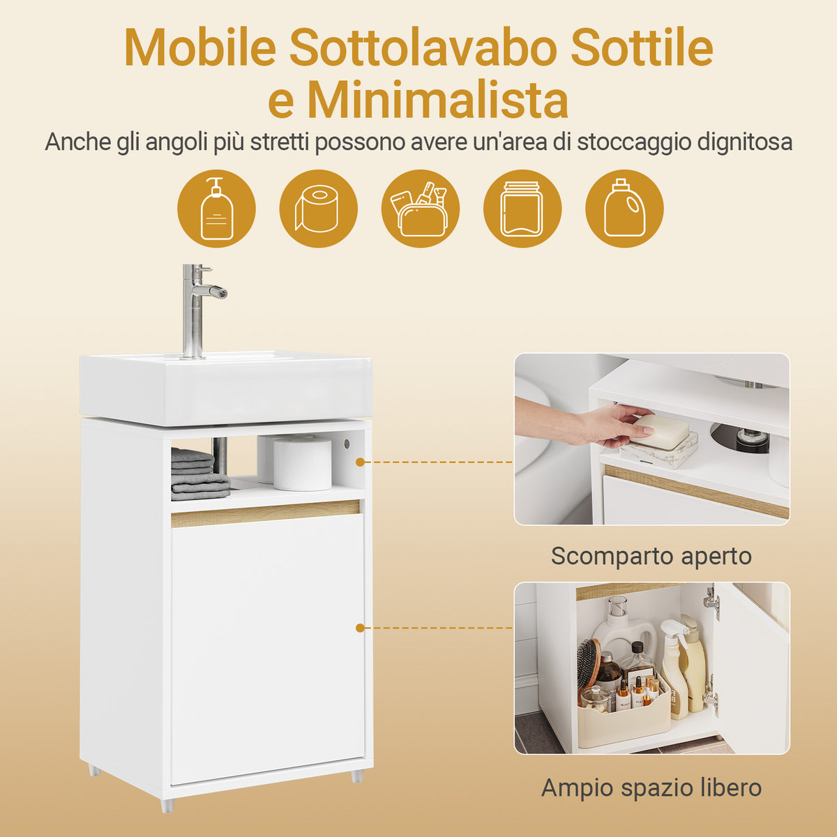 SoBuy BZR222-W, Under Sink Bathroom Cabinet 40cm Wide with Open Shelf & Raised Feet | Bathroom Storage Unit with Siphon Cut-Out, Door & Hidden Handle, Basin Cupboard for Small Spaces, White, 40x30x60cm
