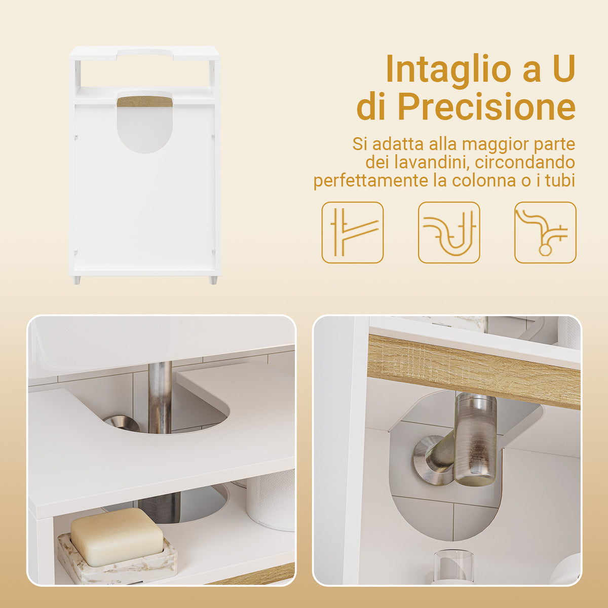 SoBuy BZR222-W, Under Sink Bathroom Cabinet 40cm Wide with Open Shelf & Raised Feet | Bathroom Storage Unit with Siphon Cut-Out, Door & Hidden Handle, Basin Cupboard for Small Spaces, White, 40x30x60cm