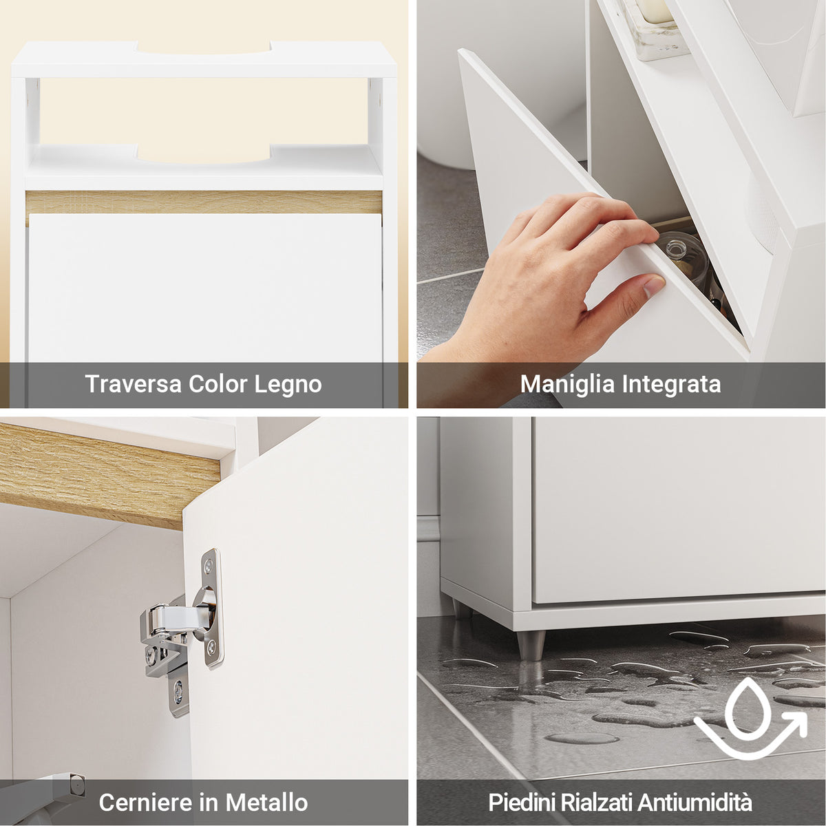 SoBuy BZR222-W, Under Sink Bathroom Cabinet 40cm Wide with Open Shelf & Raised Feet | Bathroom Storage Unit with Siphon Cut-Out, Door & Hidden Handle, Basin Cupboard for Small Spaces, White, 40x30x60cm