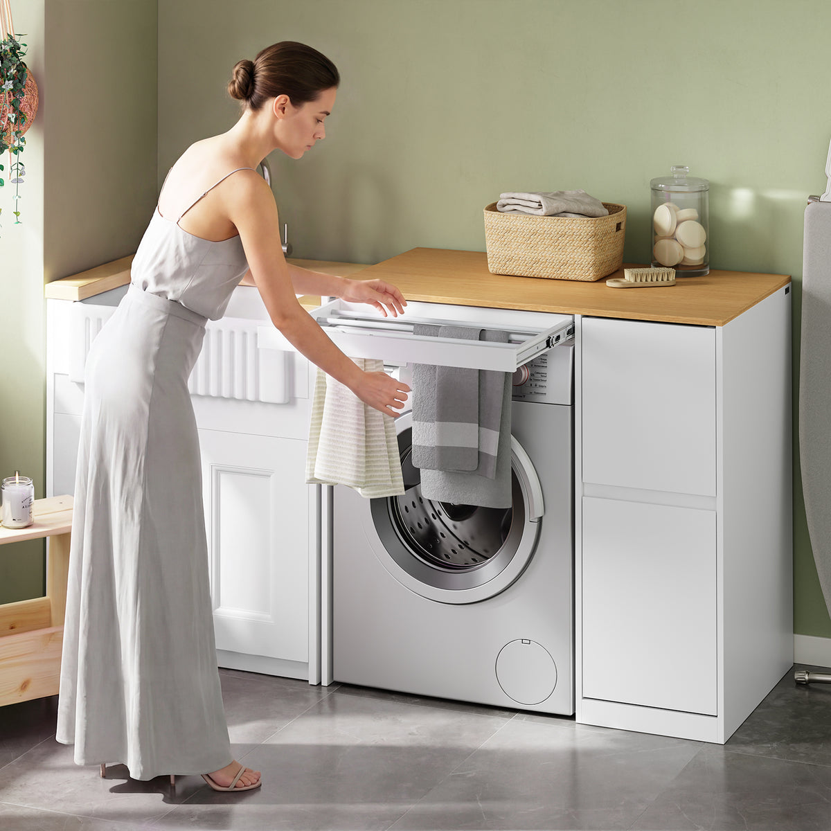 Pre-sale SoBuy BZR223-WN, Washing Machine Cabinet 100cm Wide with Hanging Rail & Laundry Basket, White, 100x60x95cm