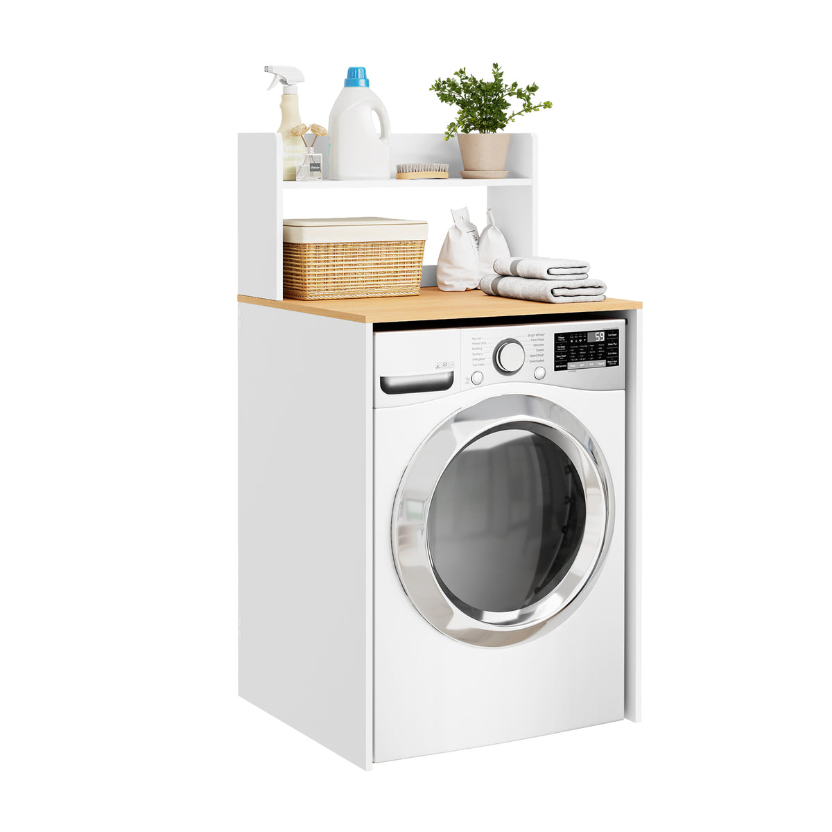 SoBuy BZR224-WN, Over Washing Machine Storage Cabinet with Oak Effect Top & 2 Open Shelves, White, 66x60x126cm