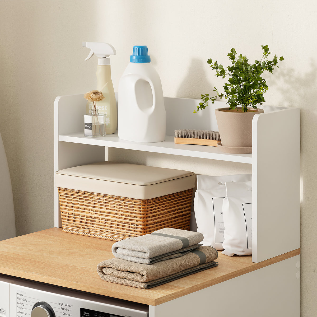 SoBuy BZR224-WN, Over Washing Machine Storage Cabinet with Oak Effect Top & 2 Open Shelves, White, 66x60x126cm - view 4