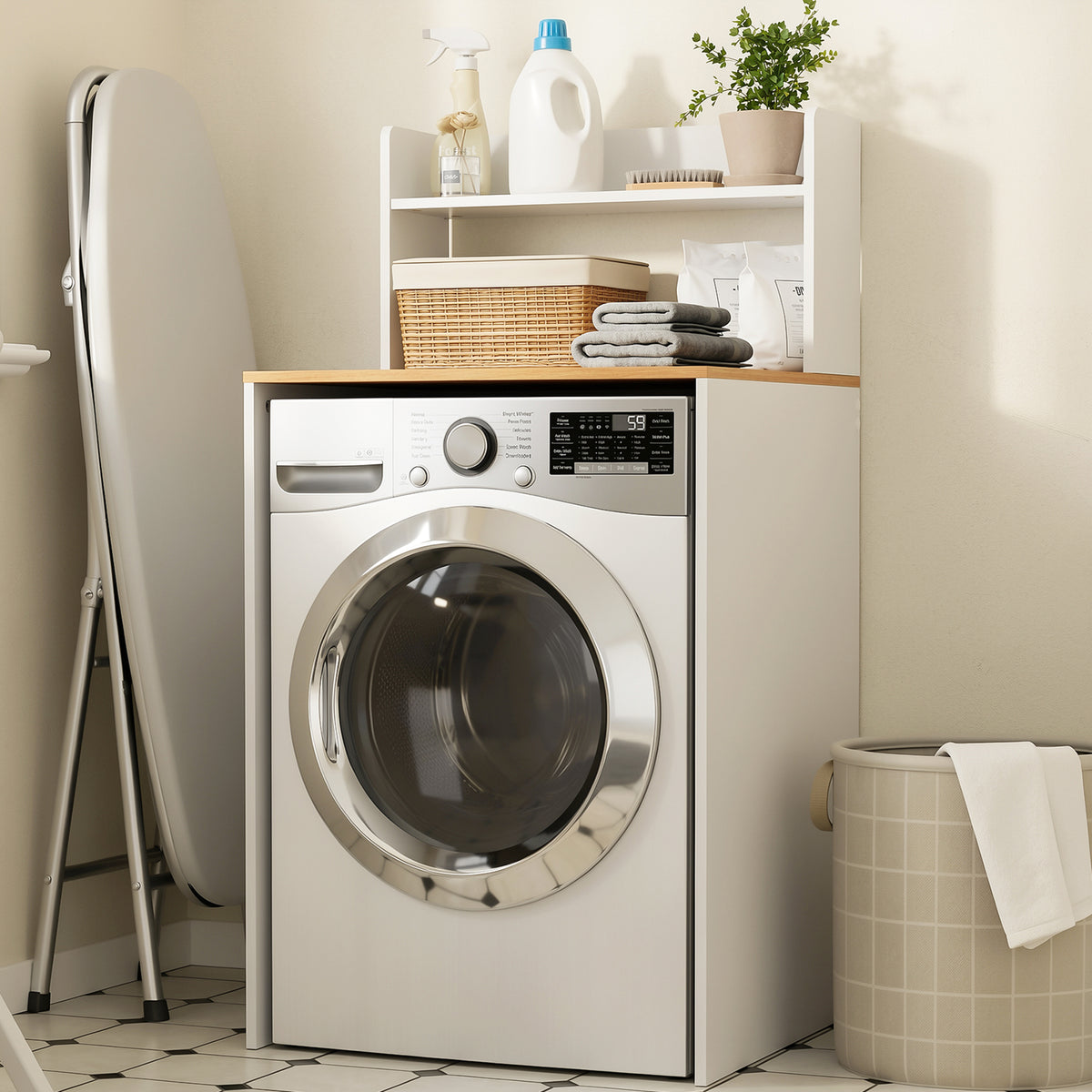 SoBuy BZR224-WN, Over Washing Machine Storage Cabinet with Oak Effect Top & 2 Open Shelves, White, 66x60x126cm - view 2
