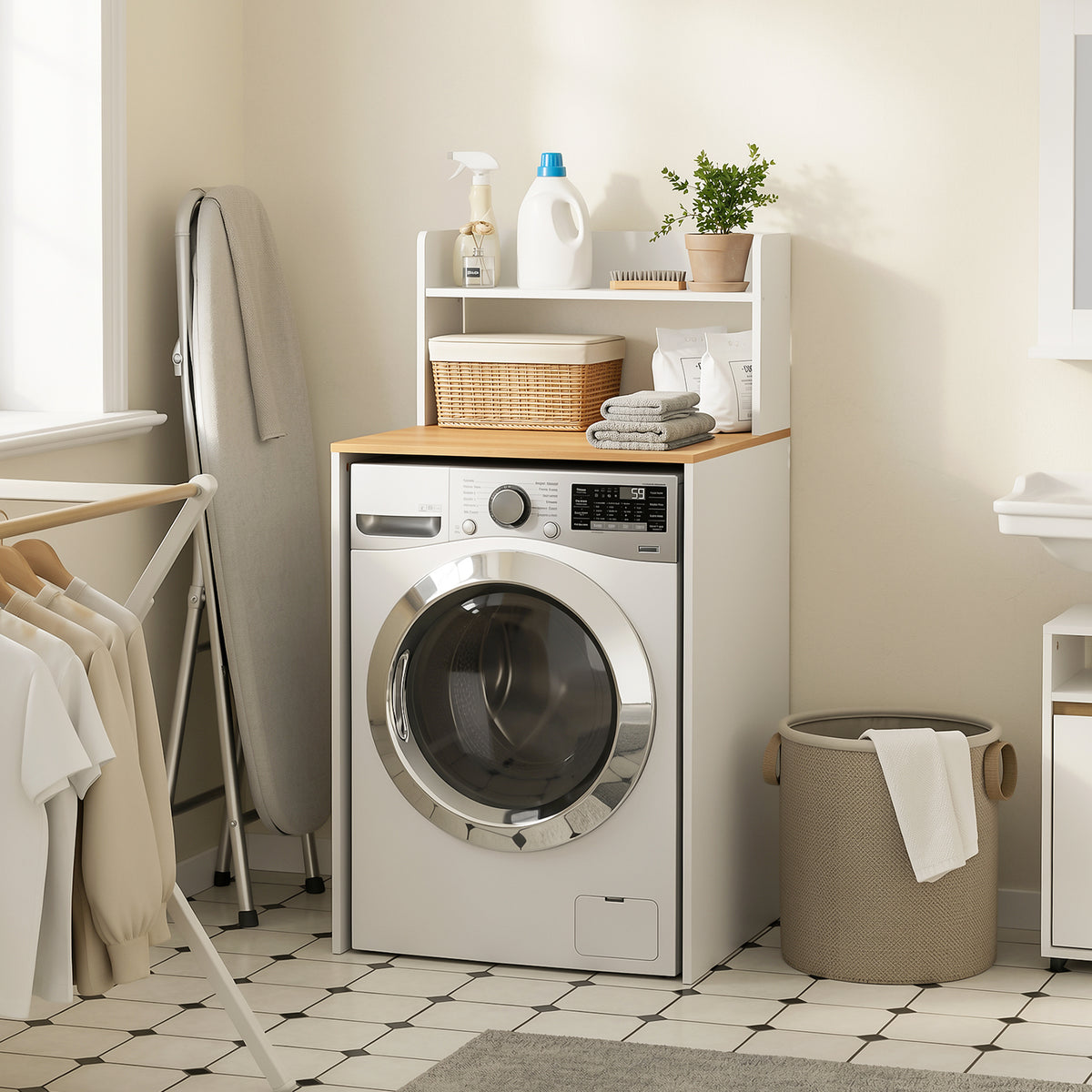 SoBuy BZR224-WN, Over Washing Machine Storage Cabinet with Oak Effect Top & 2 Open Shelves, White, 66x60x126cm - view 10