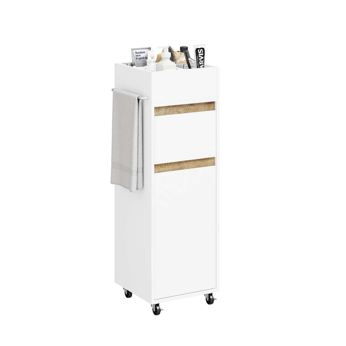 SoBuy BZR225-WN, Slim Bathroom Cabinet with Towel Bar & 4 Lockable Wheels, White, 33x30x91cm