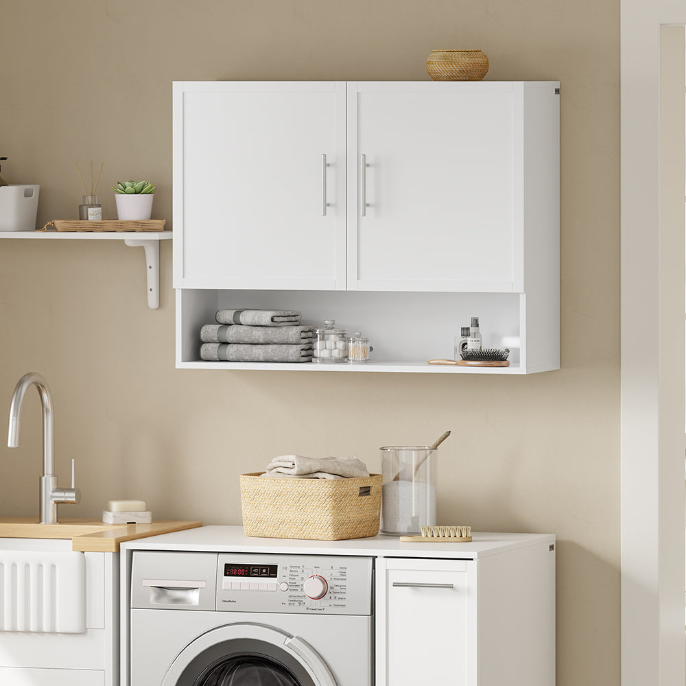 SoBuy BZR233-W, Wall Mounted Bathroom Cabinet with 2 Doors & Open Shelf, White, 90x70x28.5cm - view 2