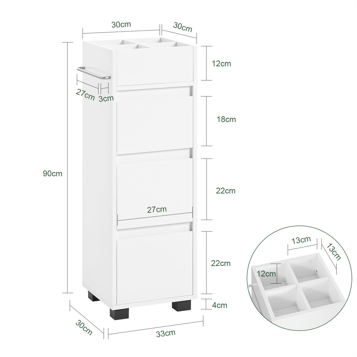 SoBuy BZR29-W dimensions diagram – W30×D30×H90cm white bathroom storage cabinet