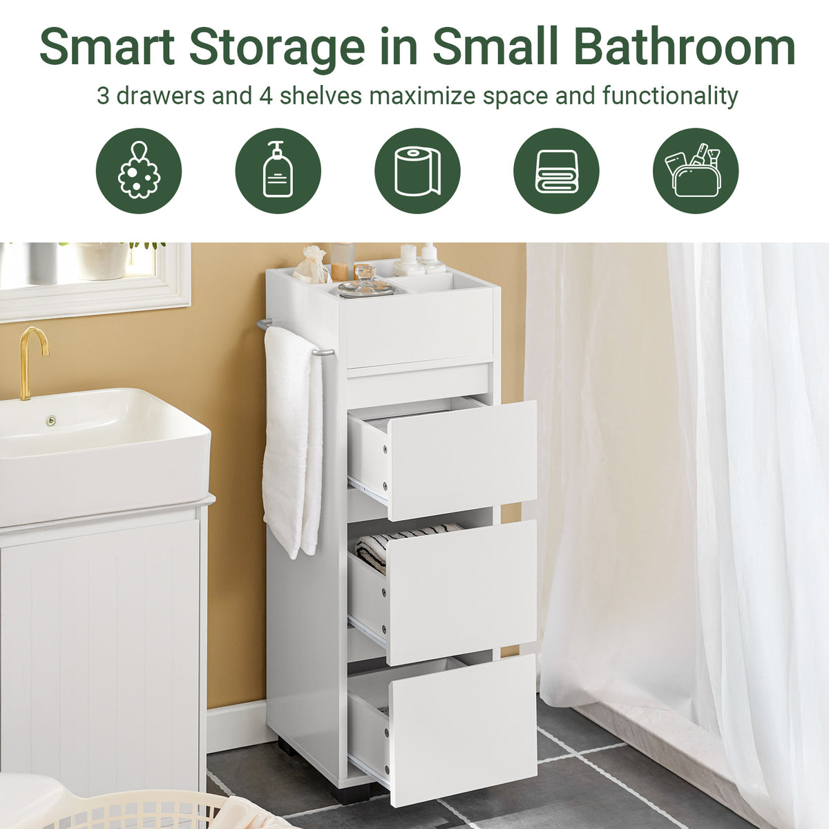 SoBuy BZR29-W white bathroom cabinet full overview – 3 drawers 4 shelves and side towel bar