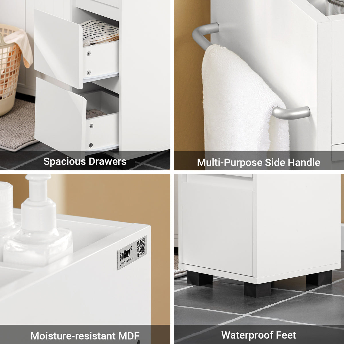 SoBuy BZR29-W hidden flush drawer handle and moisture-proof raised base detail