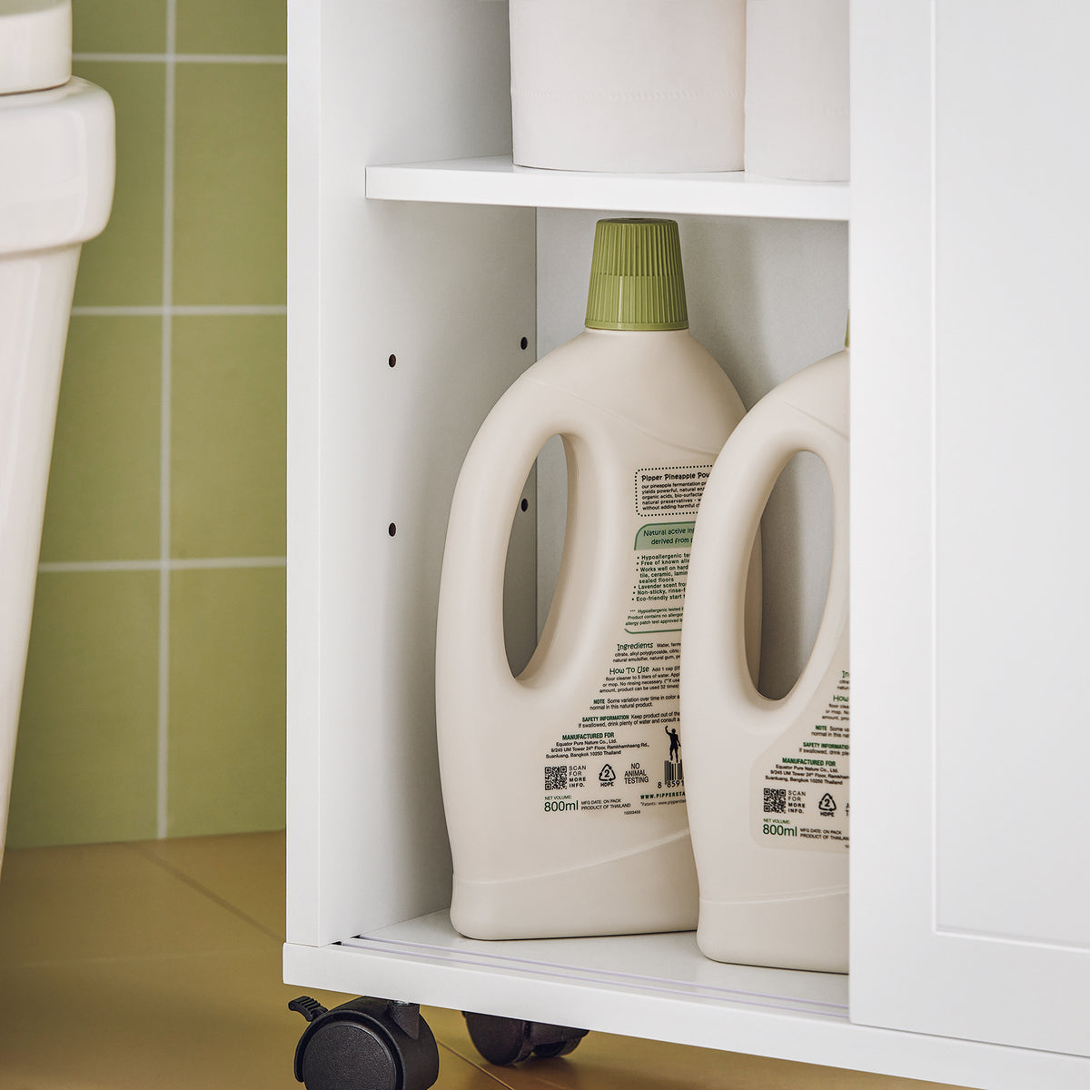 SoBuy BZR31-W, Slim Bathroom Cabinet on Wheels – Narrow Bathroom Storage Uint– Storage Cupboard for Small Space, Toilet Paper Holder with Sliding Doors and Flap, 52 x 68 x 17 cm, White