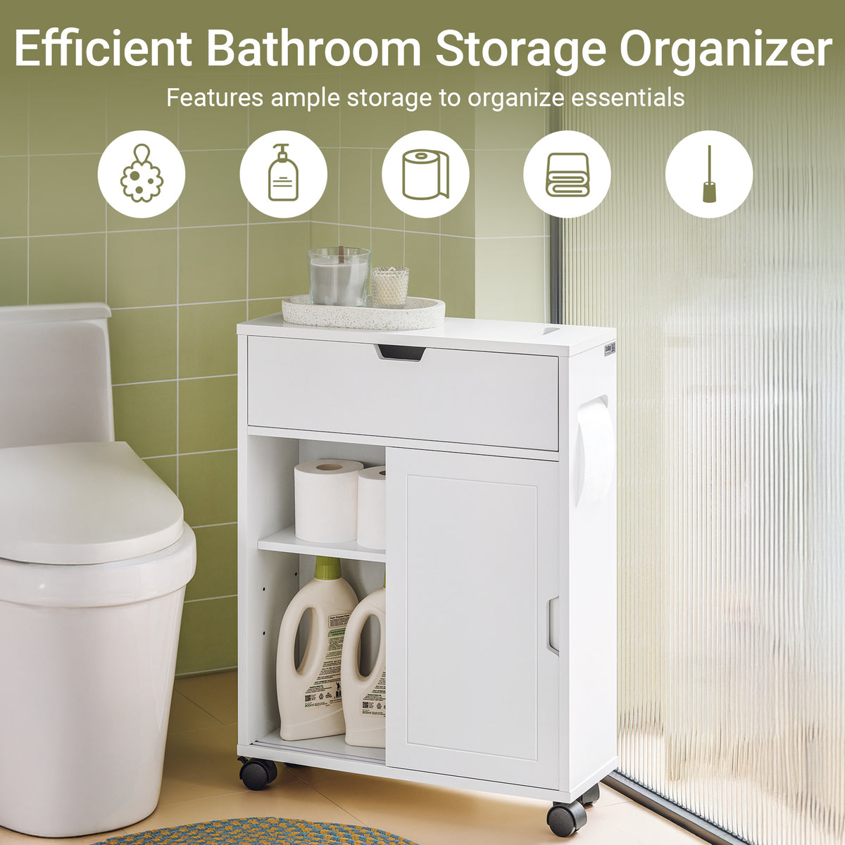 SoBuy BZR31-W, Slim Bathroom Cabinet on Wheels – Narrow Bathroom Storage Uint– Storage Cupboard for Small Space, Toilet Paper Holder with Sliding Doors and Flap, 52 x 68 x 17 cm, White