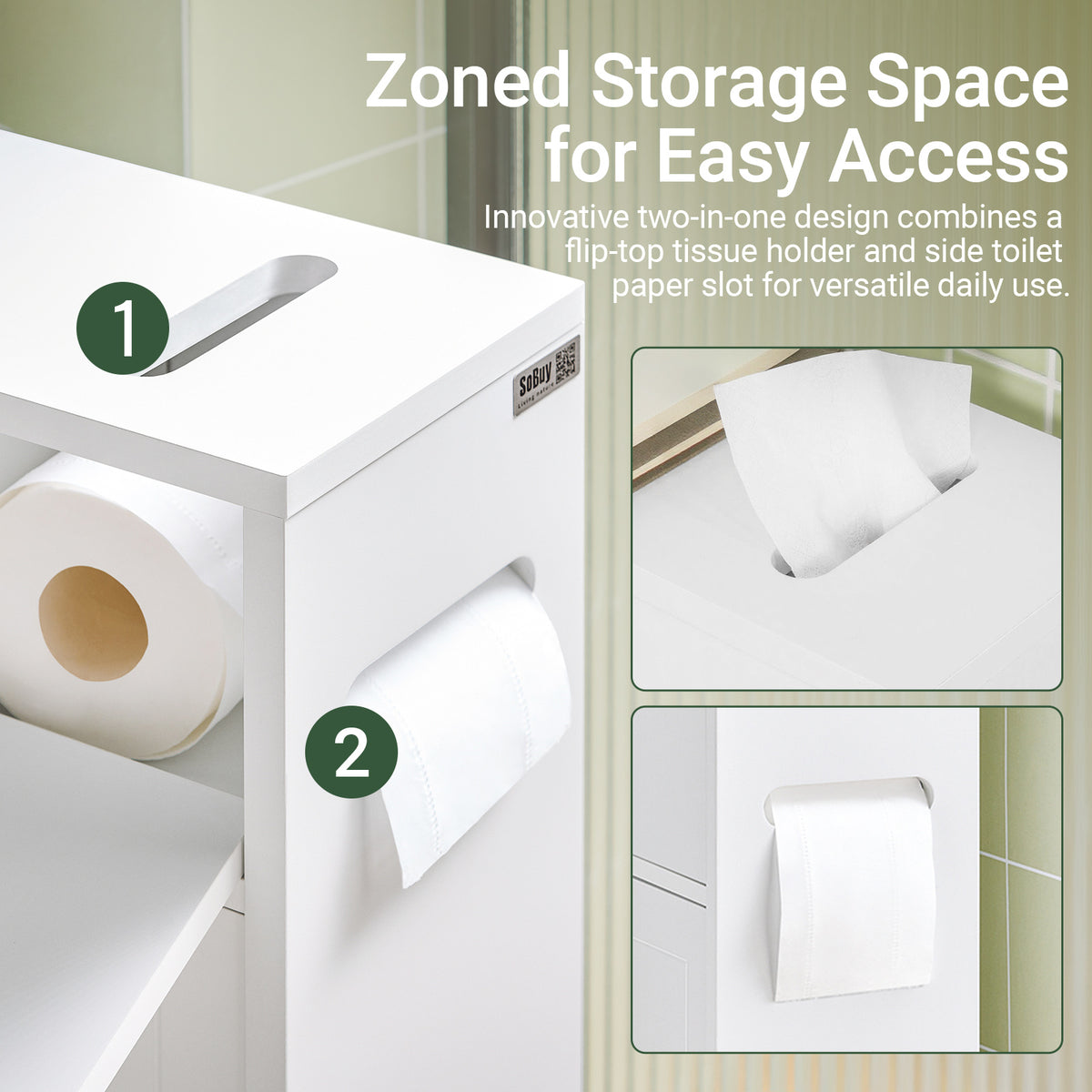 SoBuy BZR31-W, Slim Bathroom Cabinet on Wheels – Narrow Bathroom Storage Uint– Storage Cupboard for Small Space, Toilet Paper Holder with Sliding Doors and Flap, 52 x 68 x 17 cm, White